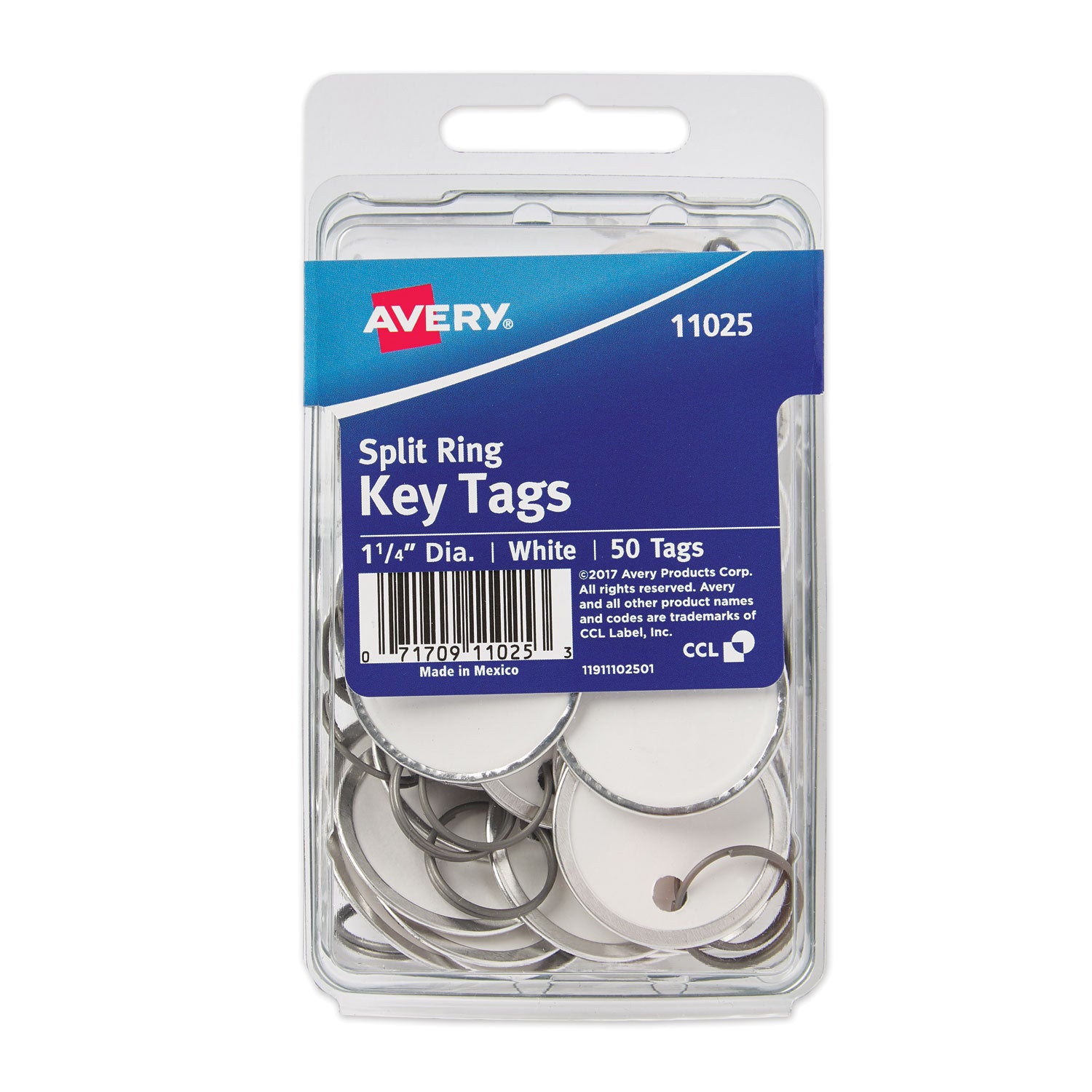 Key Tags with Split Ring, 1.25" dia, White, 50/Pack -
