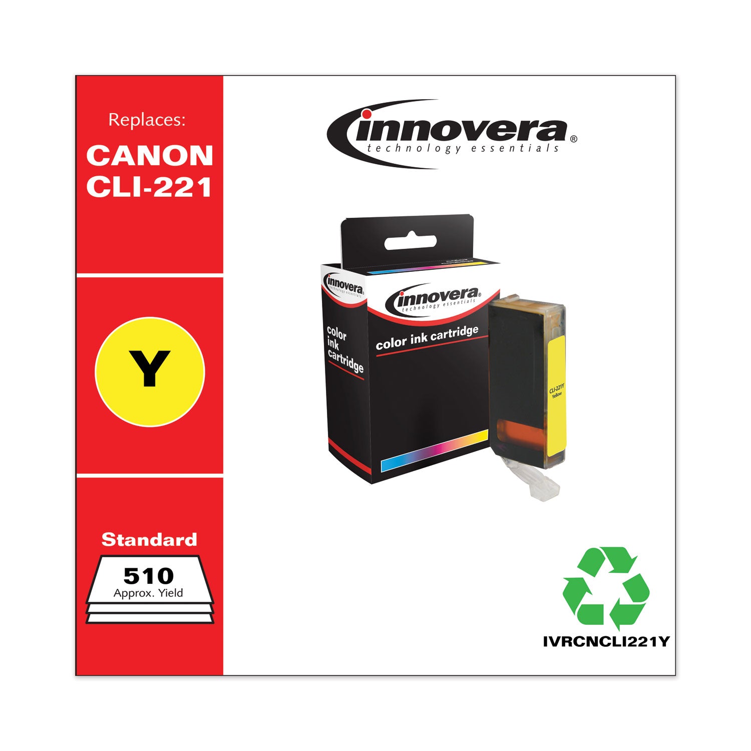 Remanufactured Yellow Ink, Replacement for CLI-221Y (2949B001), 510 Page-Yield -