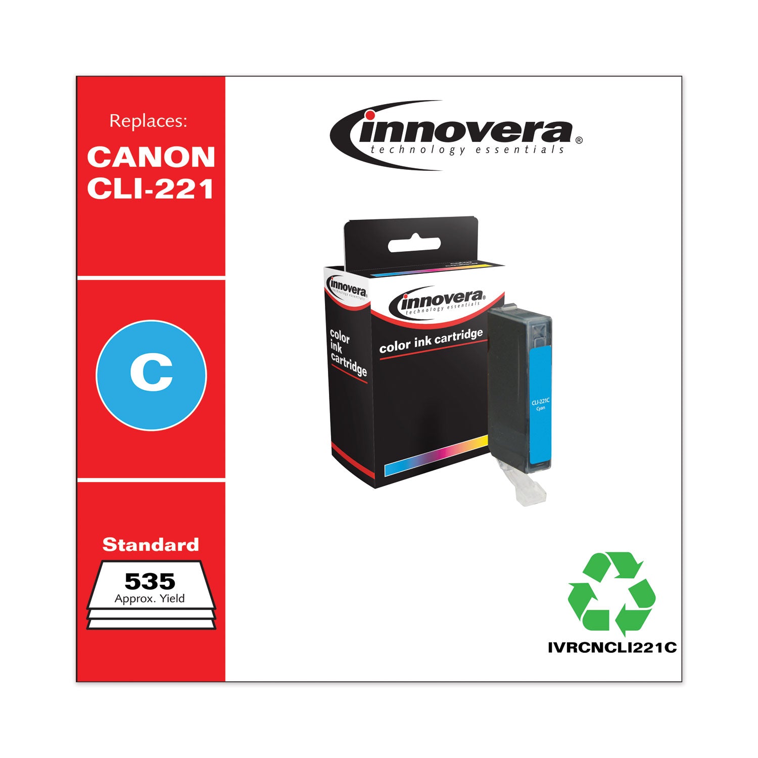 Remanufactured Cyan Ink, Replacement for CLI-221C (2947B001), 535 Page-Yield -
