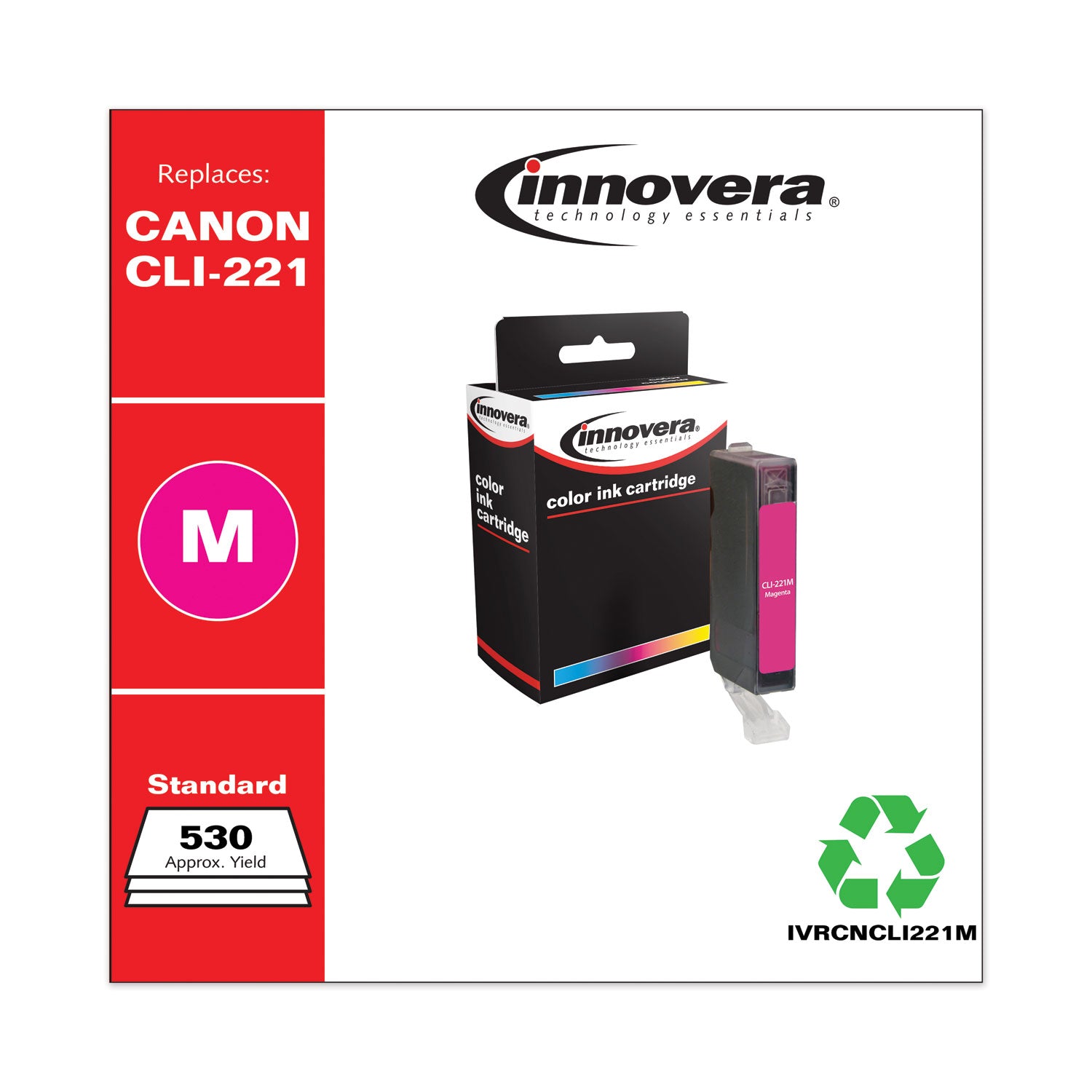 Remanufactured Magenta Ink, Replacement for CLI-221M (2948B001), 530 Page-Yield -