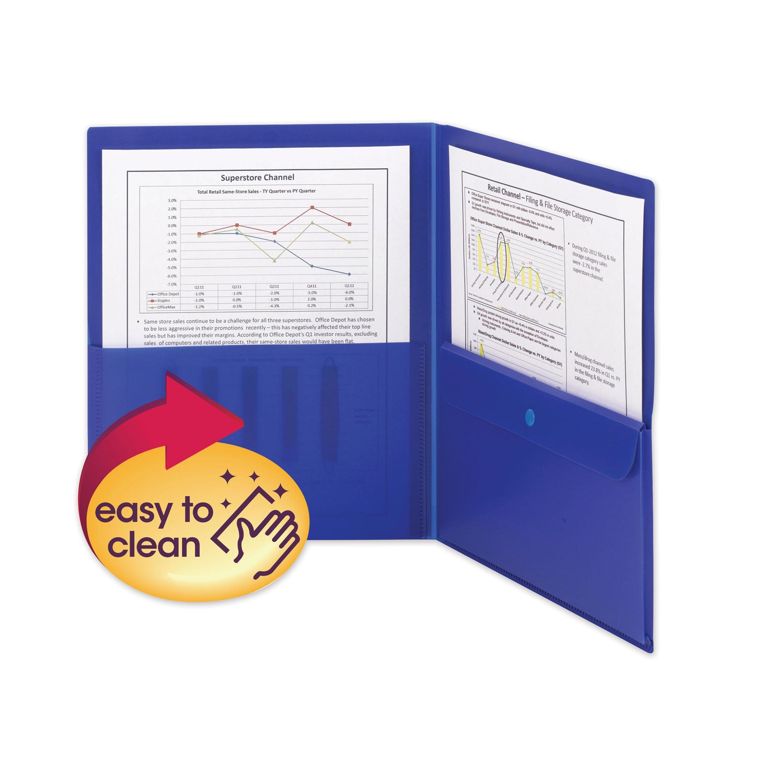Poly Two-Pocket Folder with Security Pocket, 11 x 8 1/2, Blue, 5/Pack -