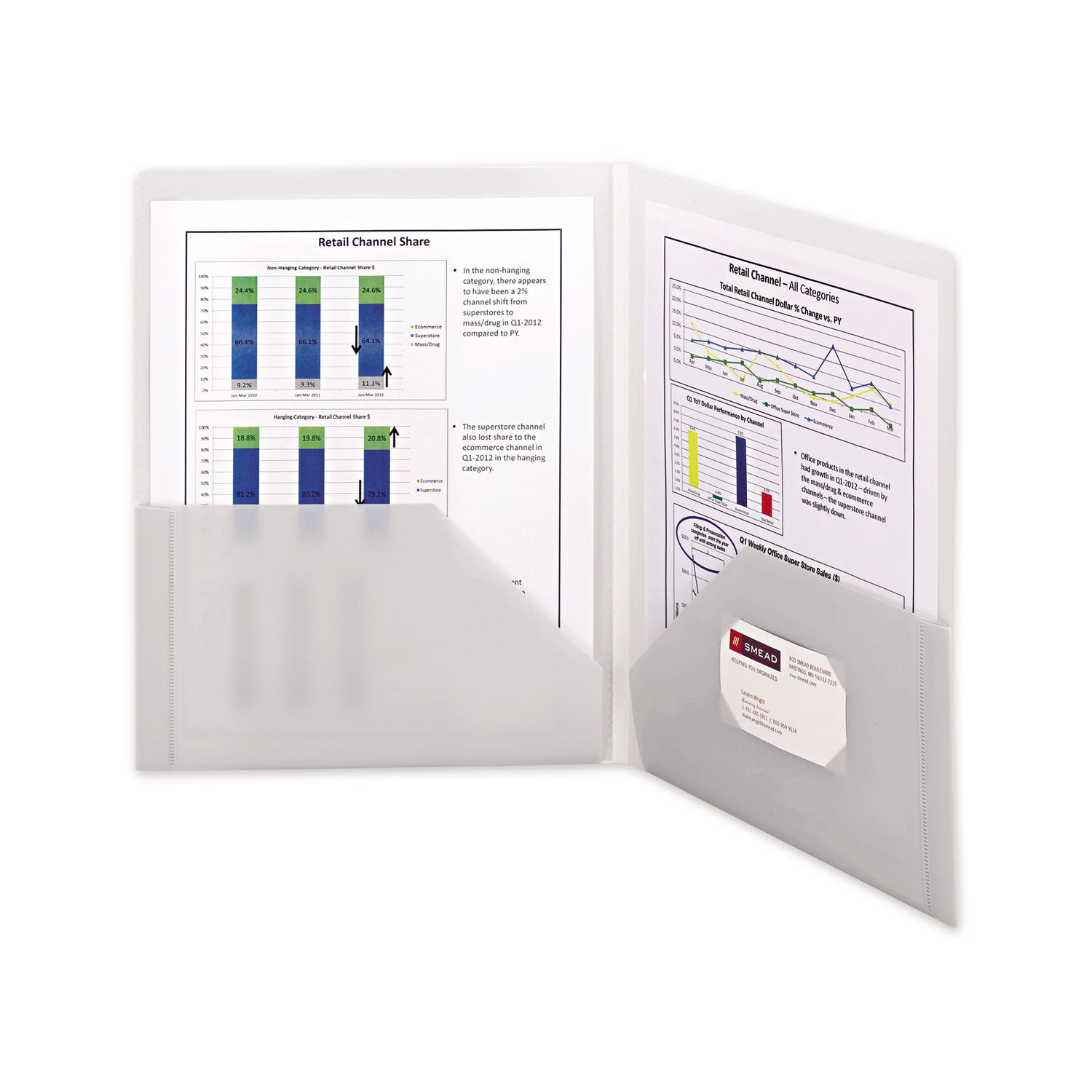 Frame View Poly Two-Pocket Folder, 100-Sheet Capacity, 11 x 8.5, Clear/Oyster, 5/Pack -