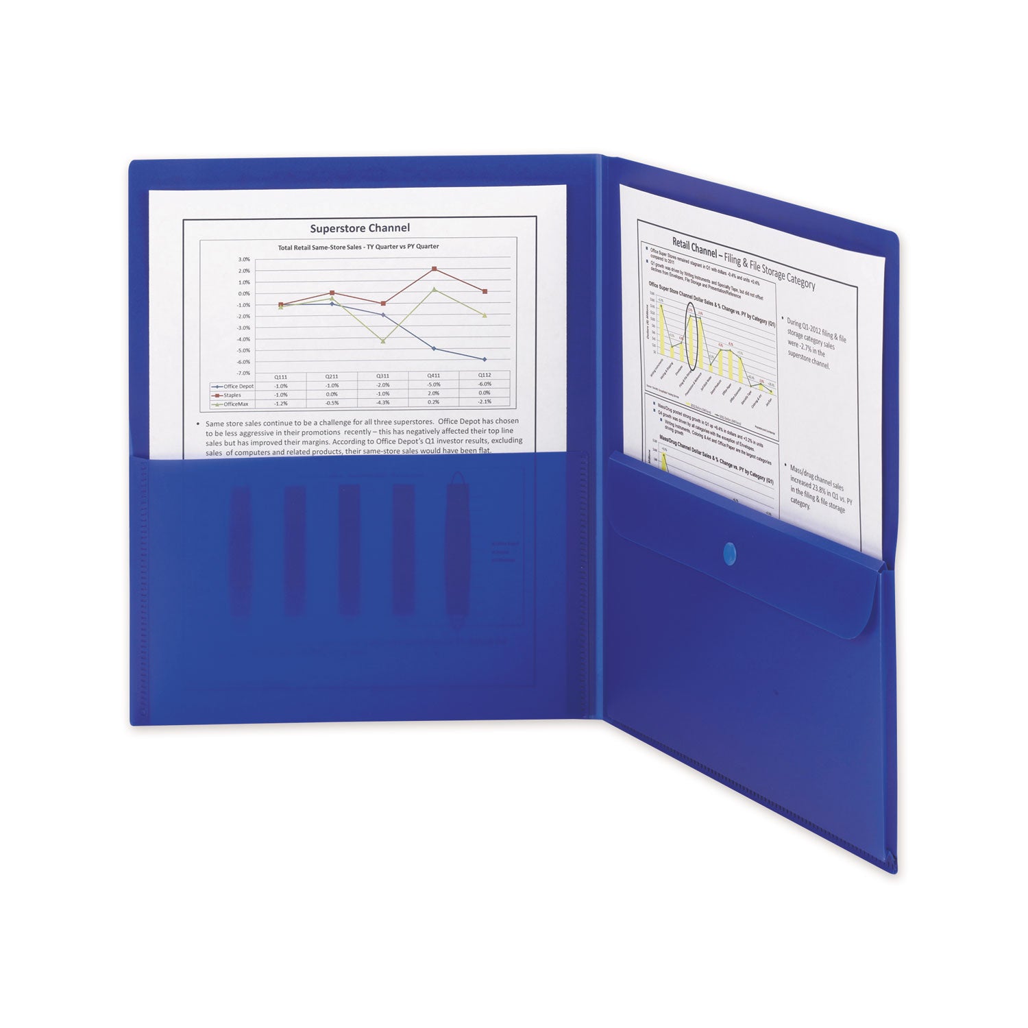 Poly Two-Pocket Folder with Security Pocket, 11 x 8 1/2, Blue, 5/Pack -