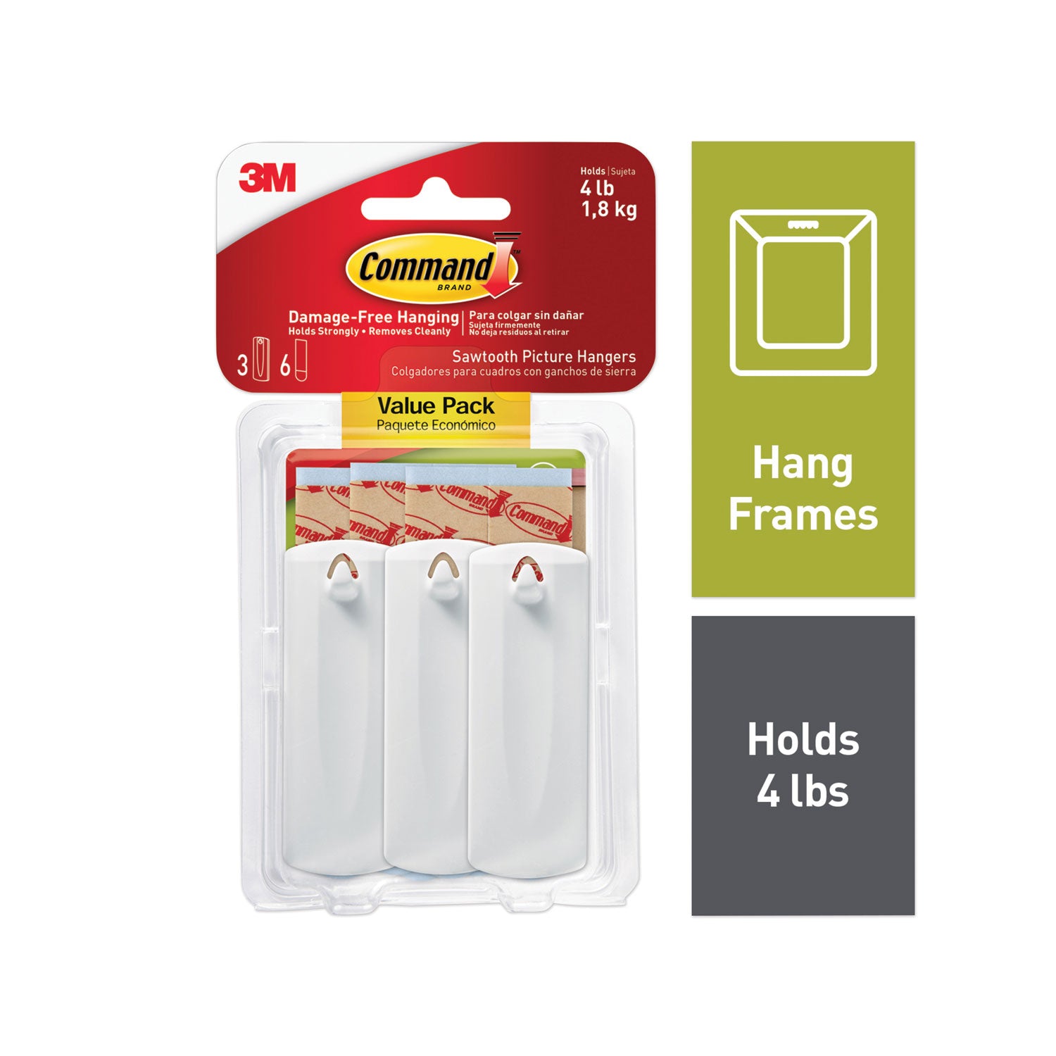 sawtooth-picture-hanger-value-pack-large-plastic-white-5-lb-capacity-3-hooks-and-6-strips-pack_mmm70005152858 - 1