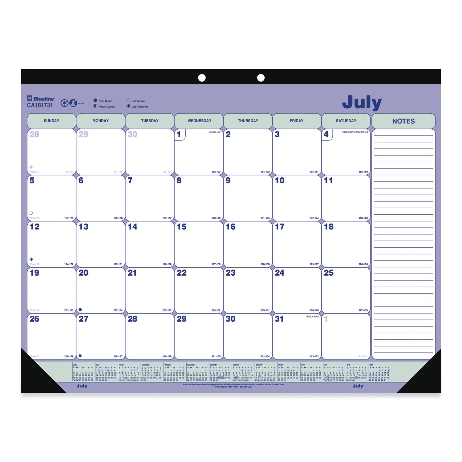 Academic Monthly Desk Pad Calendar, 21.25 x 16, White/Blue/Green, Black Binding/Corners, 13-Month (July-July): 2023 to 2024 -