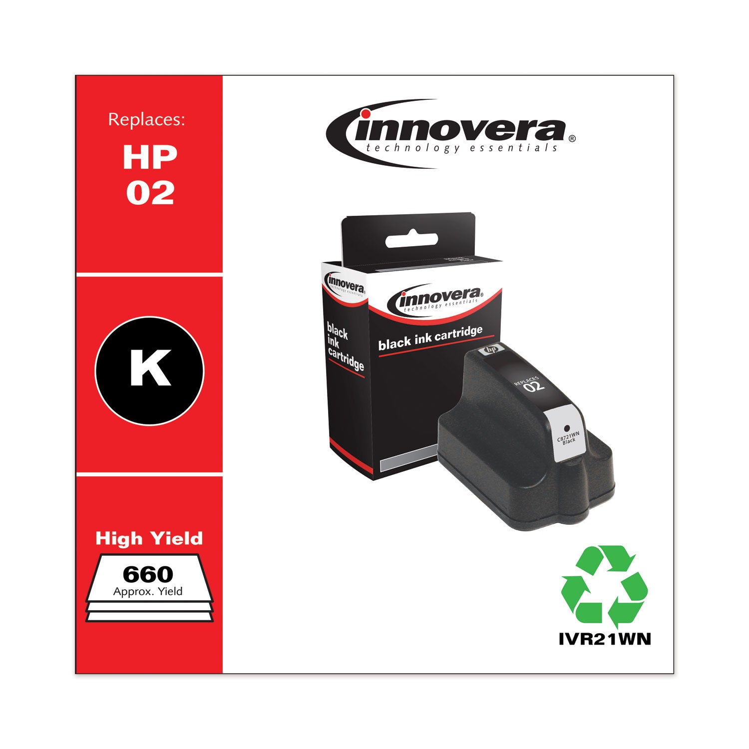 Remanufactured Black Ink, Replacement for 02 (C8721WN), 660 Page-Yield -