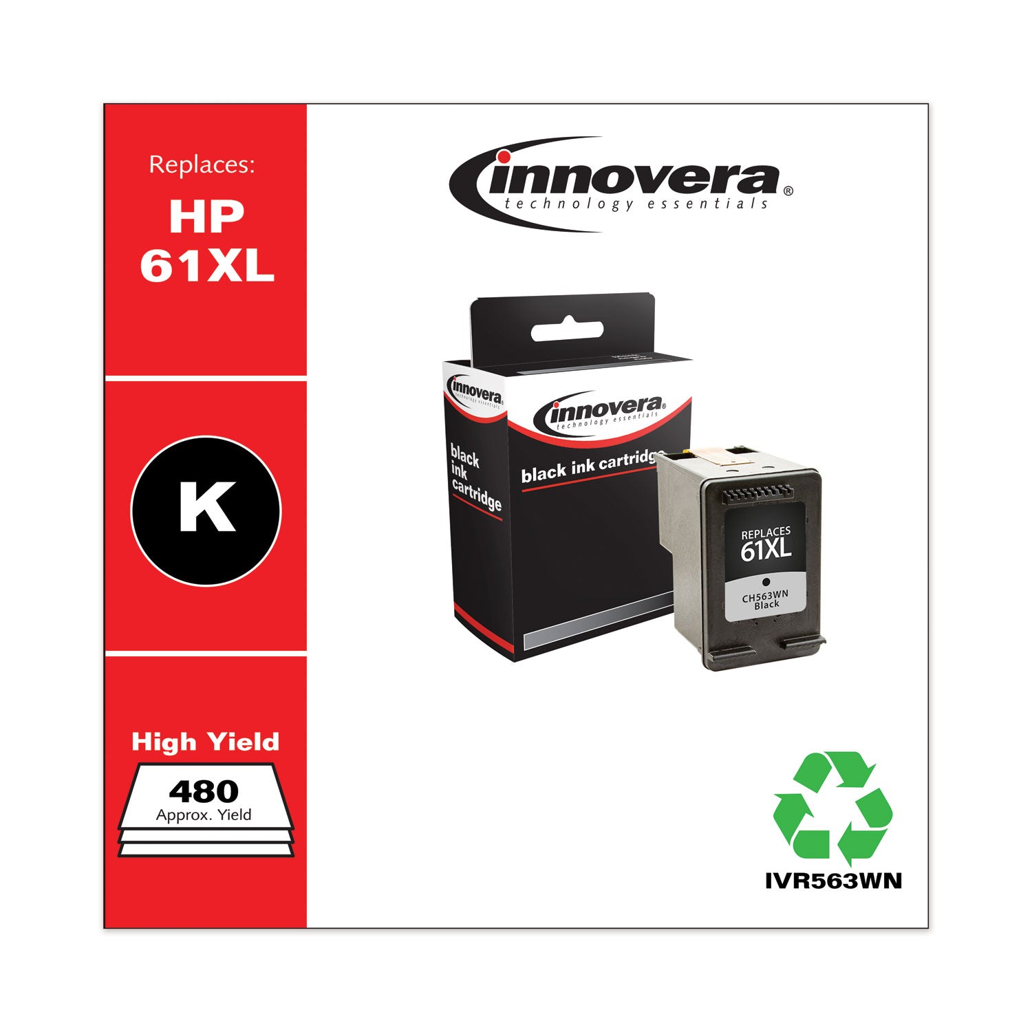 Remanufactured Black High-Yield Ink, Replacement for 61XL (CH563WN), 480 Page-Yield -