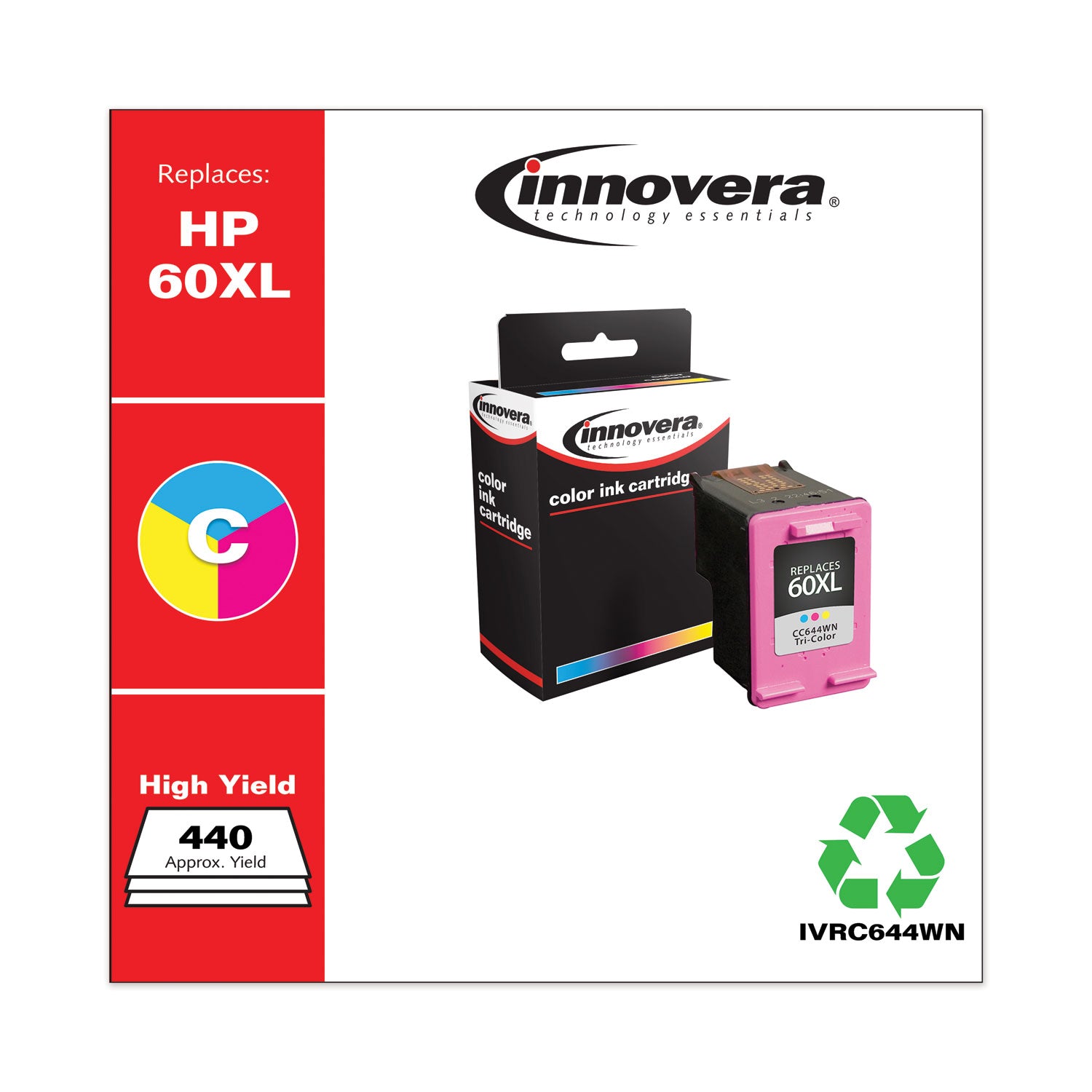Remanufactured Tri-Color High-Yield Ink, Replacement for 60XL (CC644WN), 440 Page-Yield -