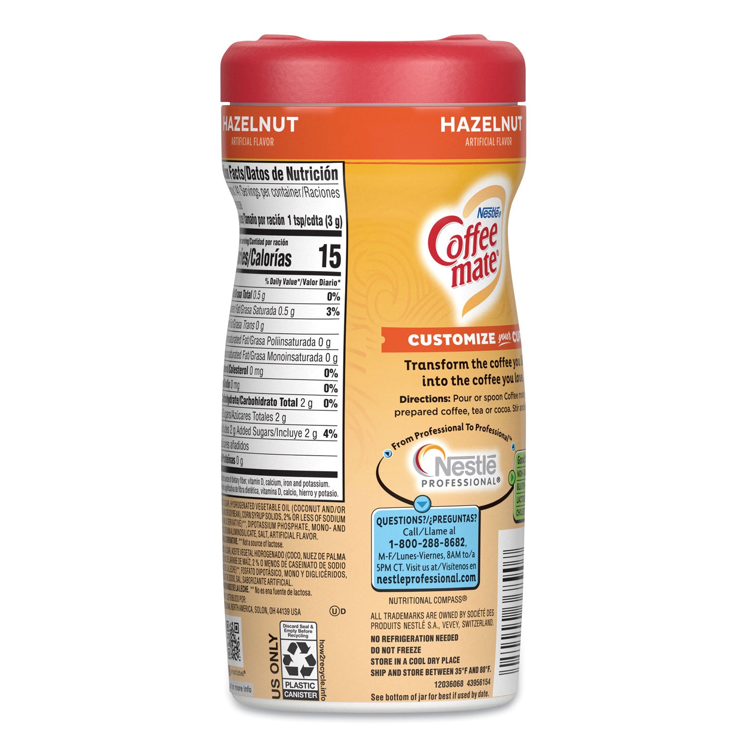 Hazelnut Creamer Powder, 15oz Plastic Bottle -