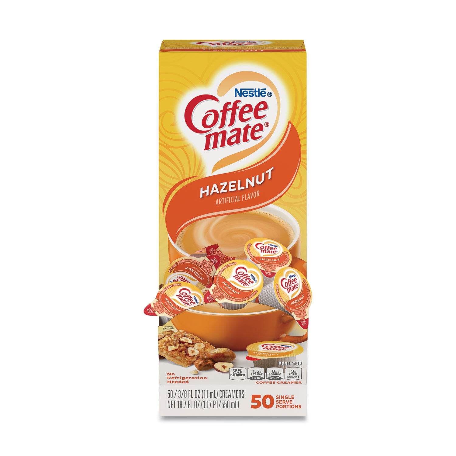 Liquid Coffee Creamer, Hazelnut, 0.38 oz Mini Cups, 50/Box -