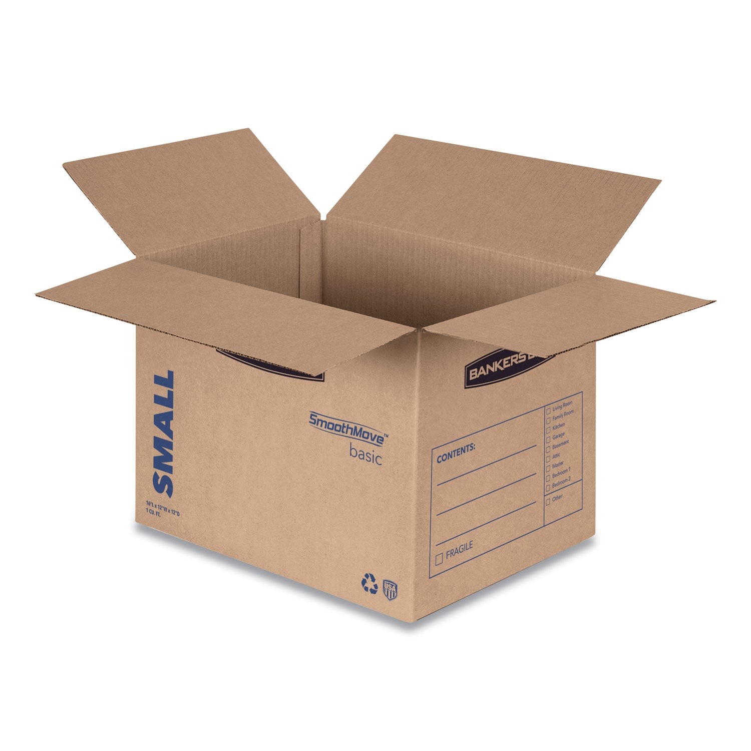 SmoothMove Basic Moving Boxes, Regular Slotted Container (RSC), Small, 12" x 16" x 12", Brown/Blue, 25/Bundle -