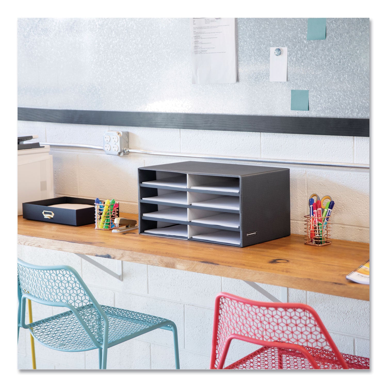 Decorative Sorter, 8 Letter Compartments, 19.5 x 12.38 x 10.25, Black/Gray Pinstripe -