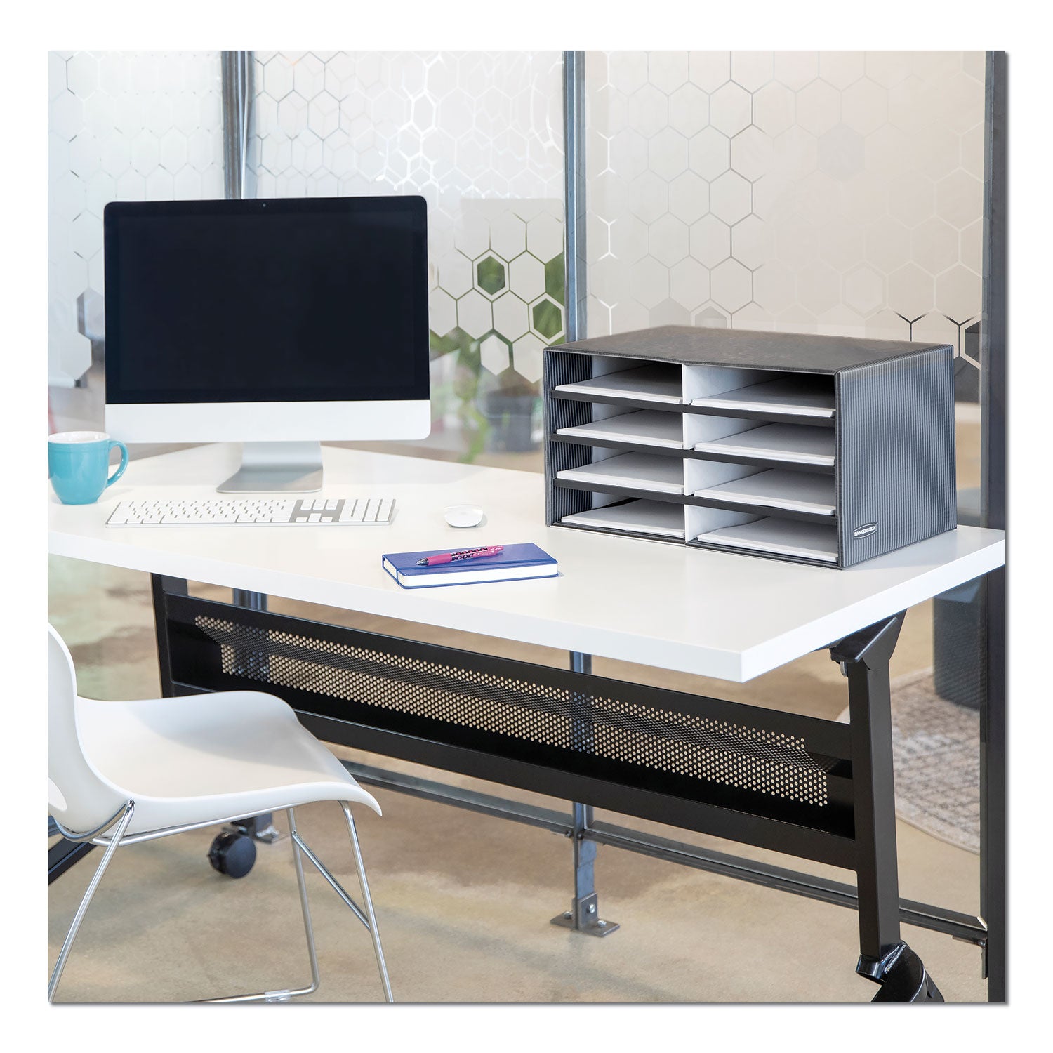 Decorative Sorter, 8 Letter Compartments, 19.5 x 12.38 x 10.25, Black/Gray Pinstripe -