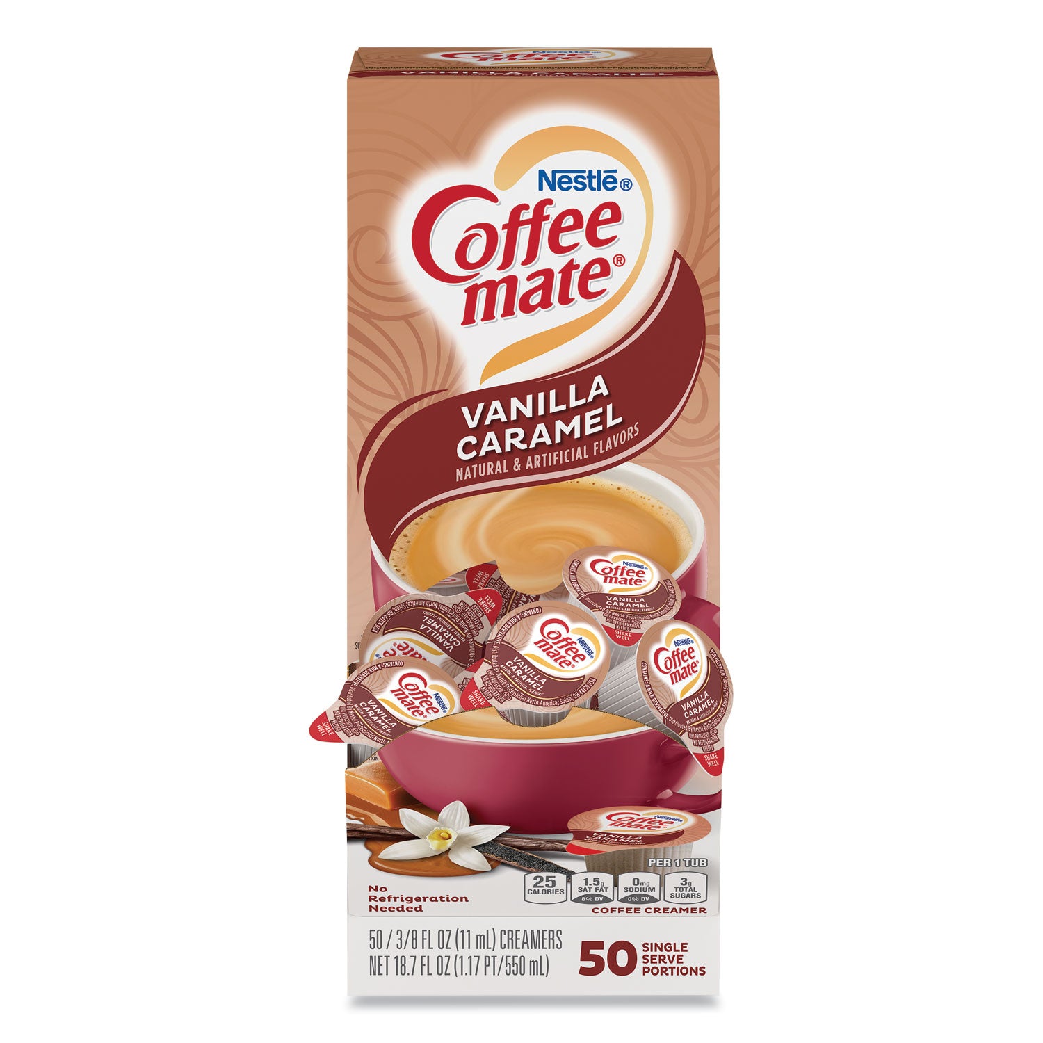 Liquid Coffee Creamer, Vanilla Caramel, 0.38 oz Mini Cups, 50/Box -