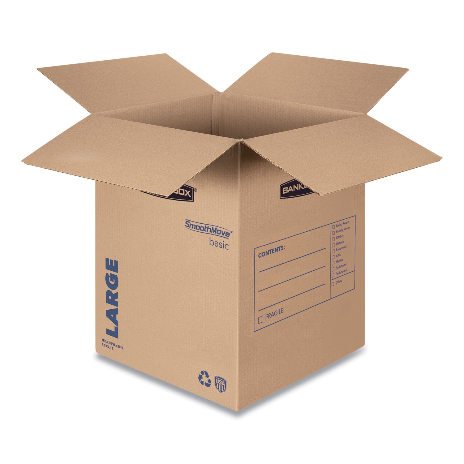 SmoothMove Basic Moving Boxes, Regular Slotted Container (RSC), Large, 18" x 18" x 24", Brown/Blue, 15/Carton -