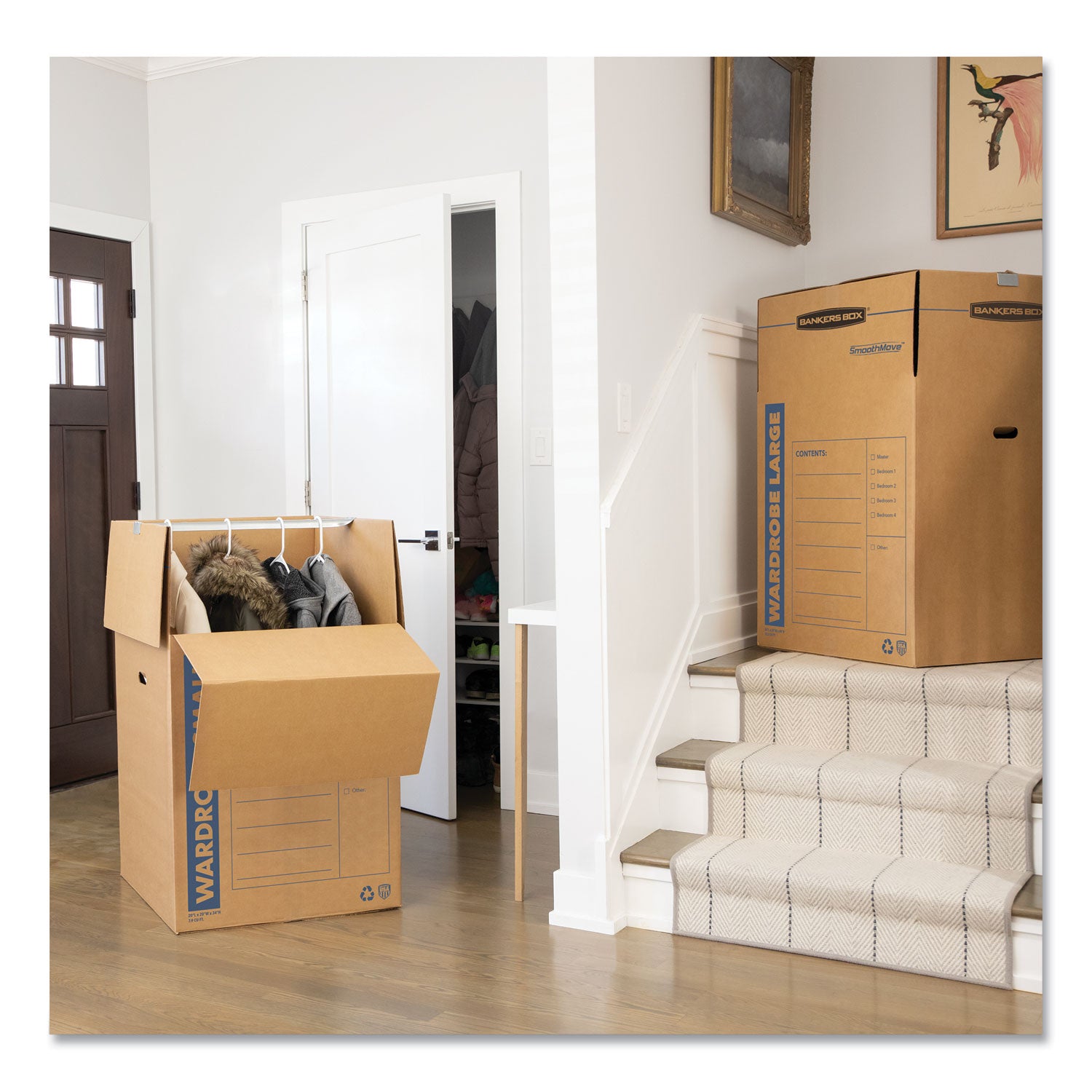 SmoothMove Wardrobe Box, Regular Slotted Container (RSC), 24" x 24" x 40", Brown/Blue, 3/Carton -