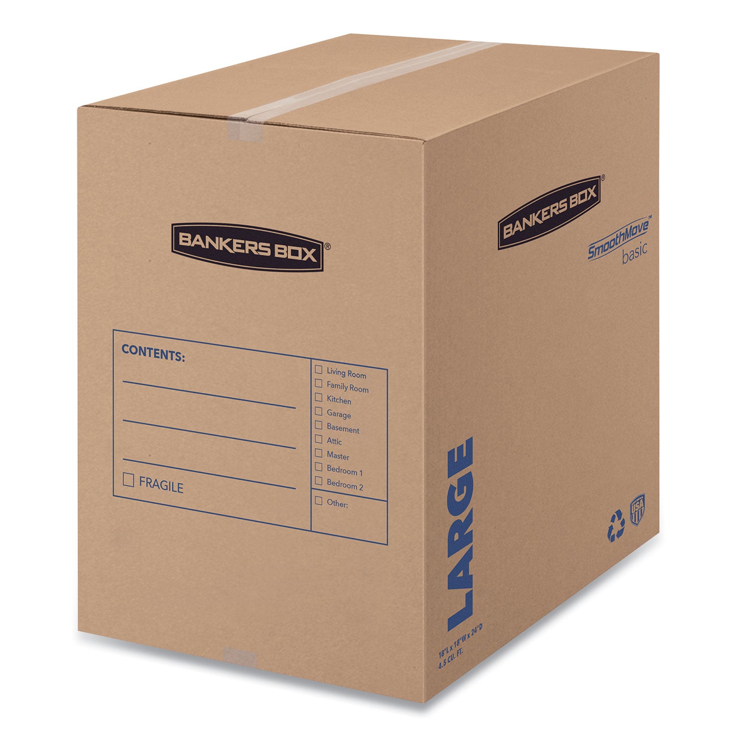 SmoothMove Basic Moving Boxes, Regular Slotted Container (RSC), Large, 18" x 18" x 24", Brown/Blue, 15/Carton -