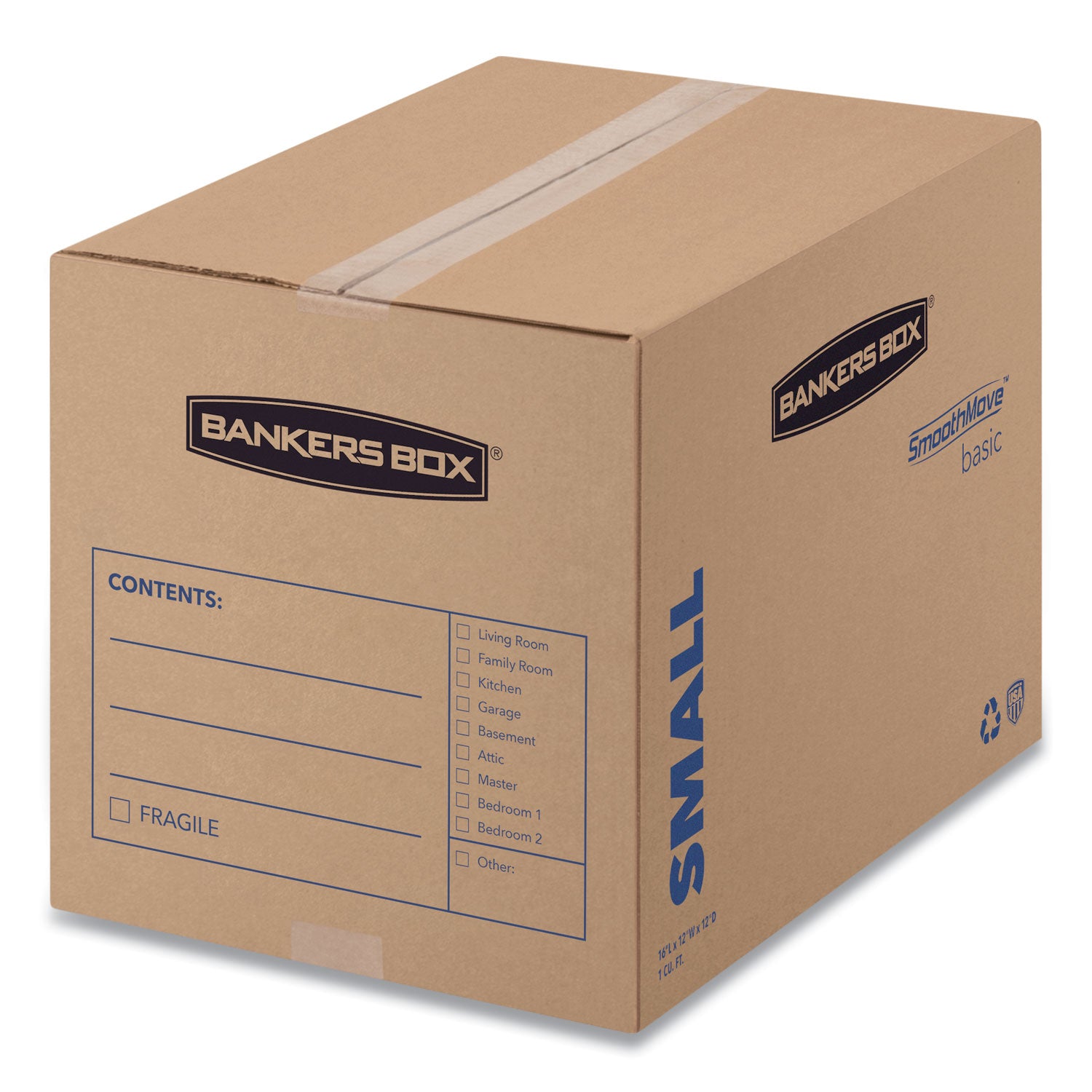SmoothMove Basic Moving Boxes, Regular Slotted Container (RSC), Small, 12" x 16" x 12", Brown/Blue, 25/Bundle -
