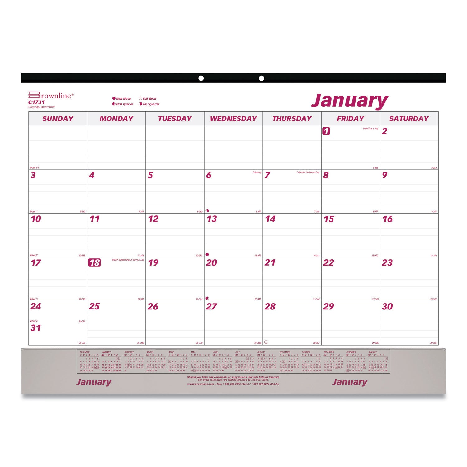 Monthly Desk Pad Calendar, 22 x 17, White/Burgundy Sheets, Black Binding, Clear Corners, 12-Month (Jan to Dec): 2024 -