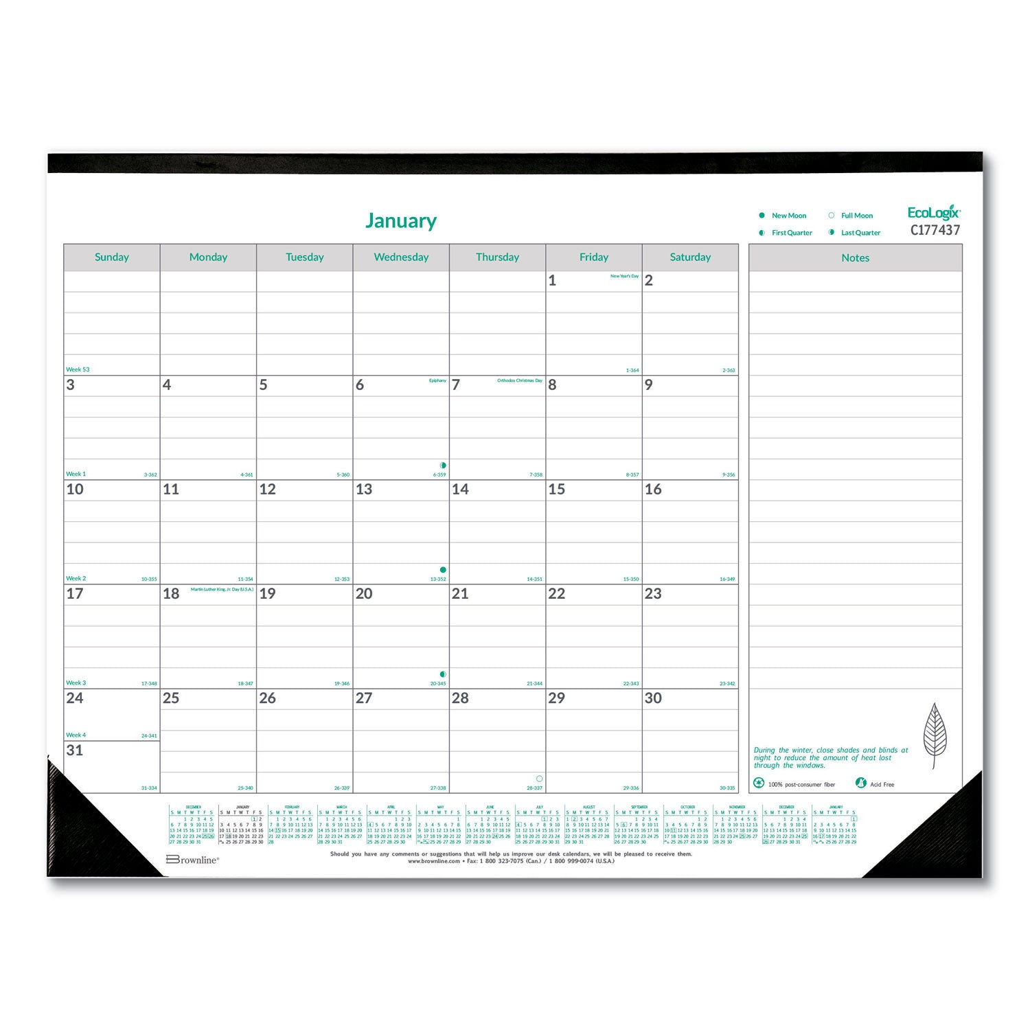EcoLogix Monthly Desk Pad Calendar, 22 x 17, White/Green Sheets, Black Binding/Corners, 12-Month (Jan to Dec): 2024 -