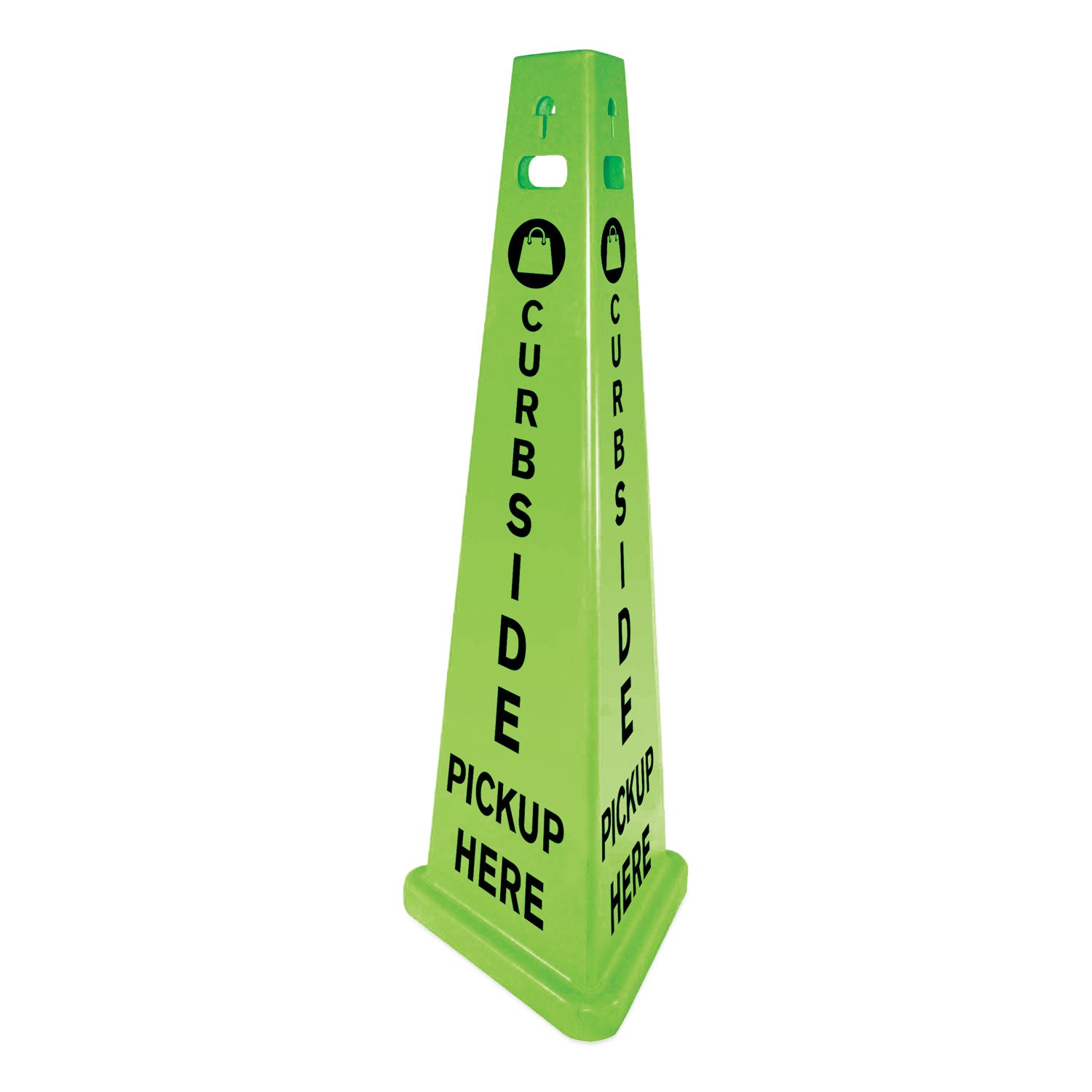 trivu-3-sided-curbside-pickup-here-sign-fluorescent-green-1475-x-127-x-40-plastic_imp9140pu - 1