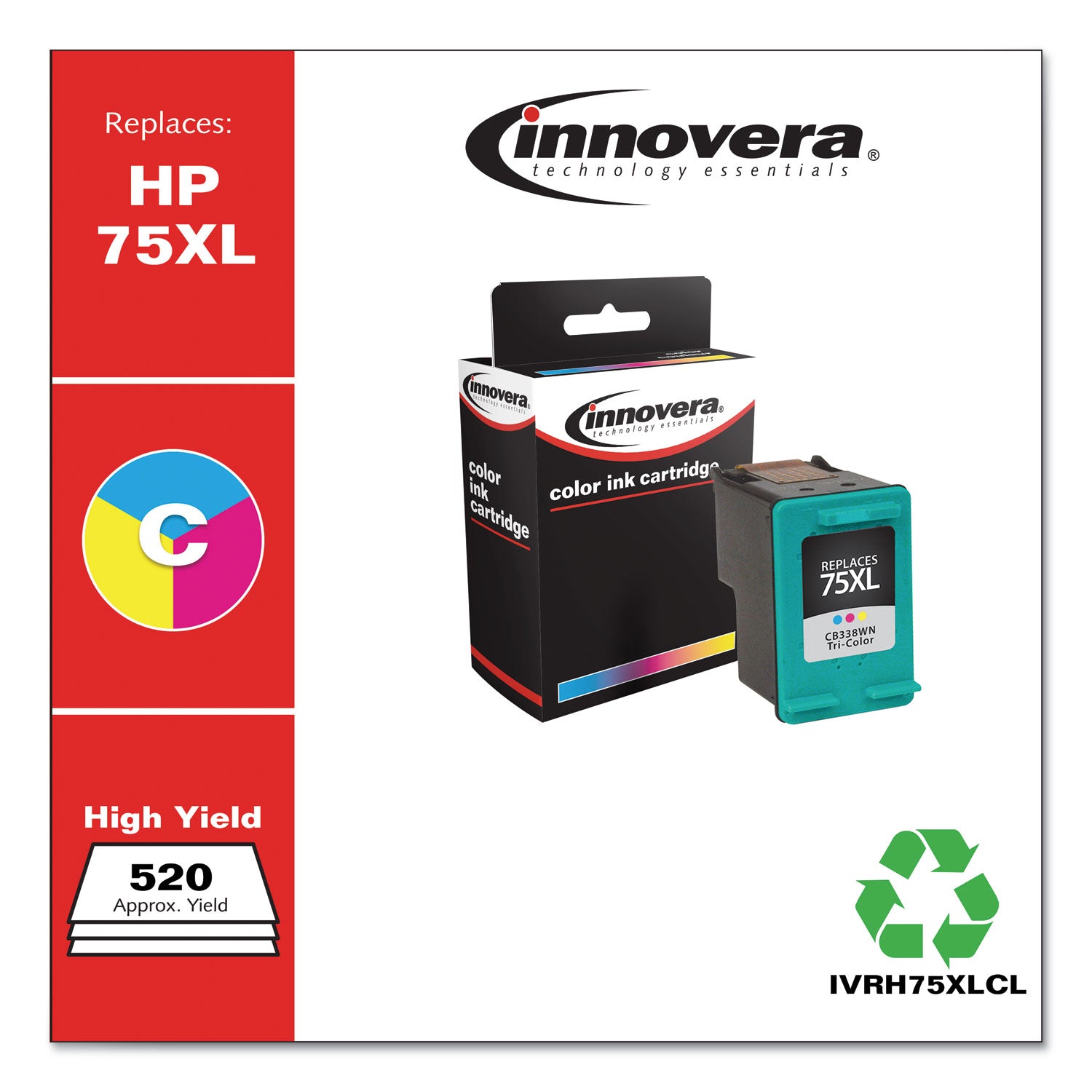 Remanufactured Tri-Color High-Yield Ink, Replacement for 75XL (CB338WN), 520 Page-Yield -