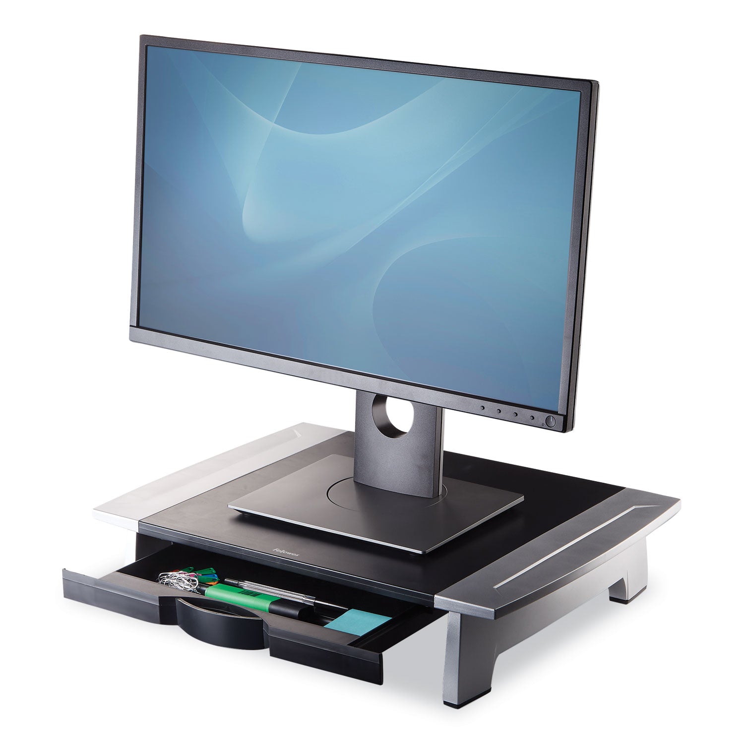 Office Suites Standard Monitor Riser, For 21" Monitors, 19.78" x 14.06" x 4" to 6.5", Black/Silver, Supports 80 lbs -
