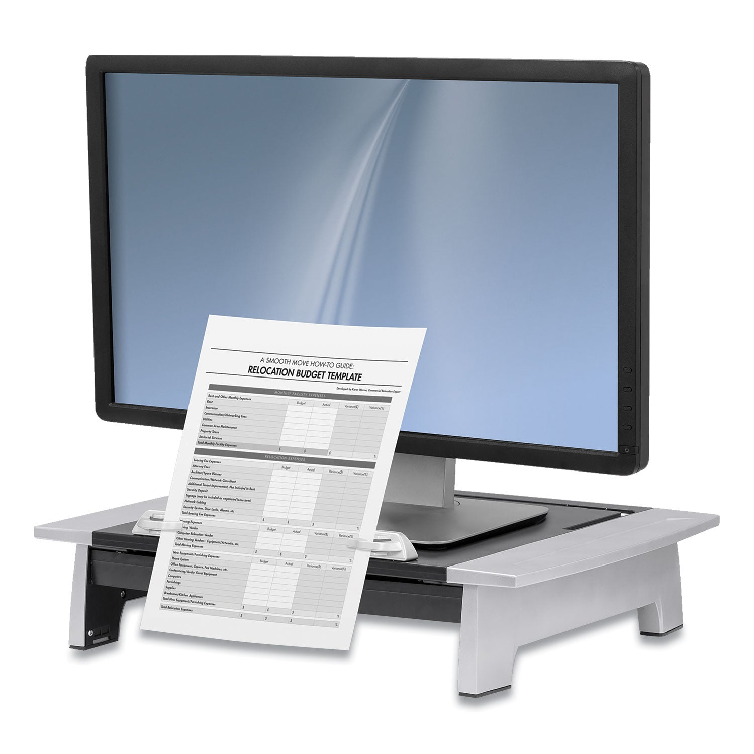 Office Suites Monitor Riser Plus, 19.88" x 14.06" x 4" to 6.5", Black/Silver, Supports 80 lbs -