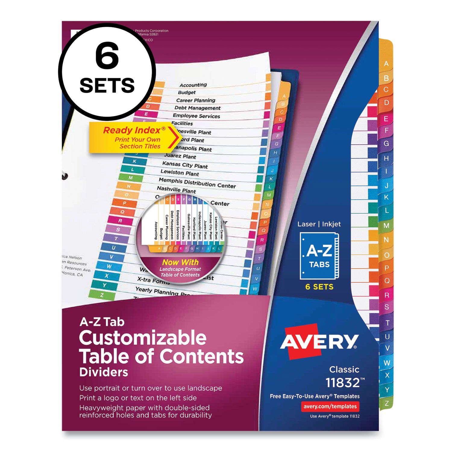 Avery A-Z Customizable Multicolor TOC Dividers - 156 x Divider(s) - A-Z, Table of Contents - 26 Tab(s)/Set - 8.5" Divider Width x 11" Divider Length - 3 Hole Punched - White Paper Divider - Multicolor Paper Tab(s) - 6 / Pack - 1