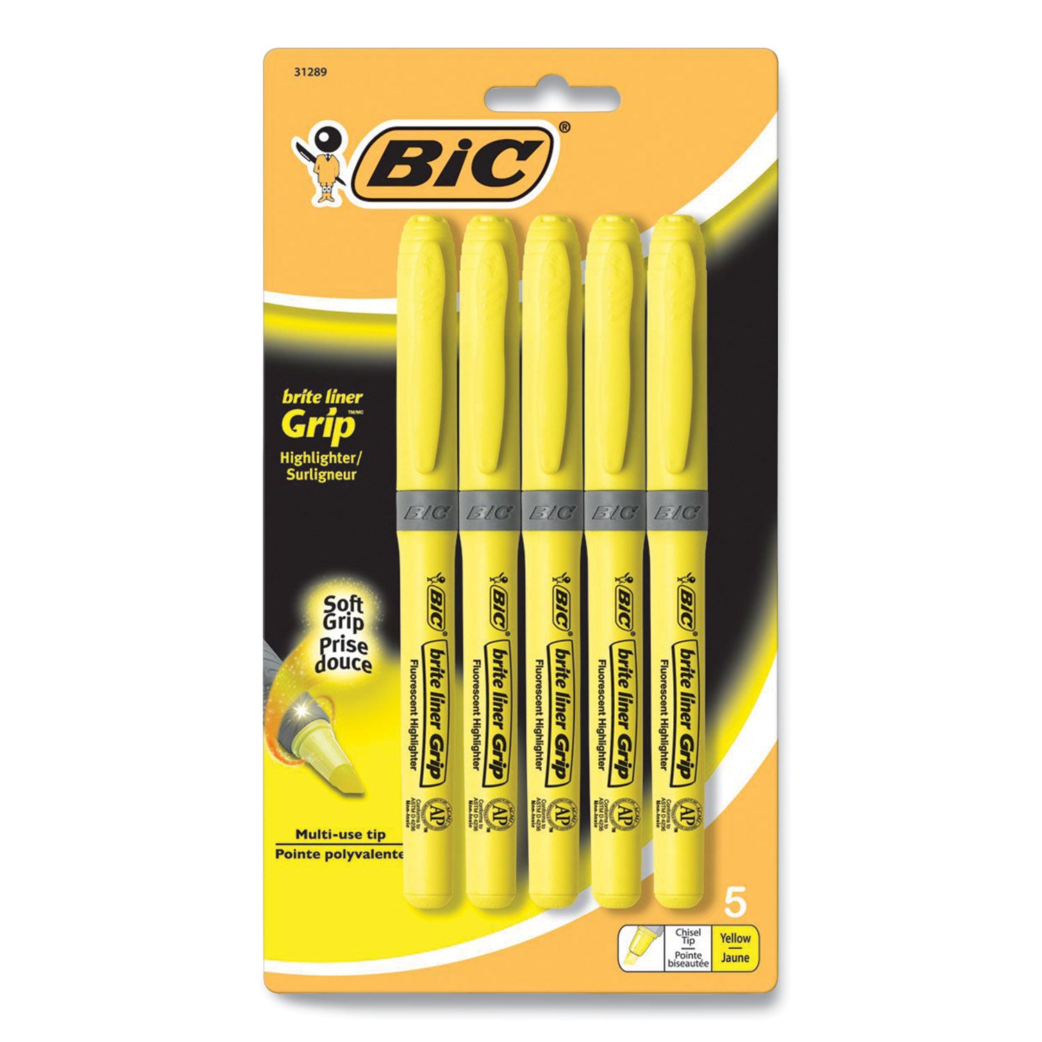 brite-liner-grip-pocket-highlighter-fluorescent-yellow-ink-chisel-tip-yellow-black-silver-barrel-5-pack_bic31289 - 1
