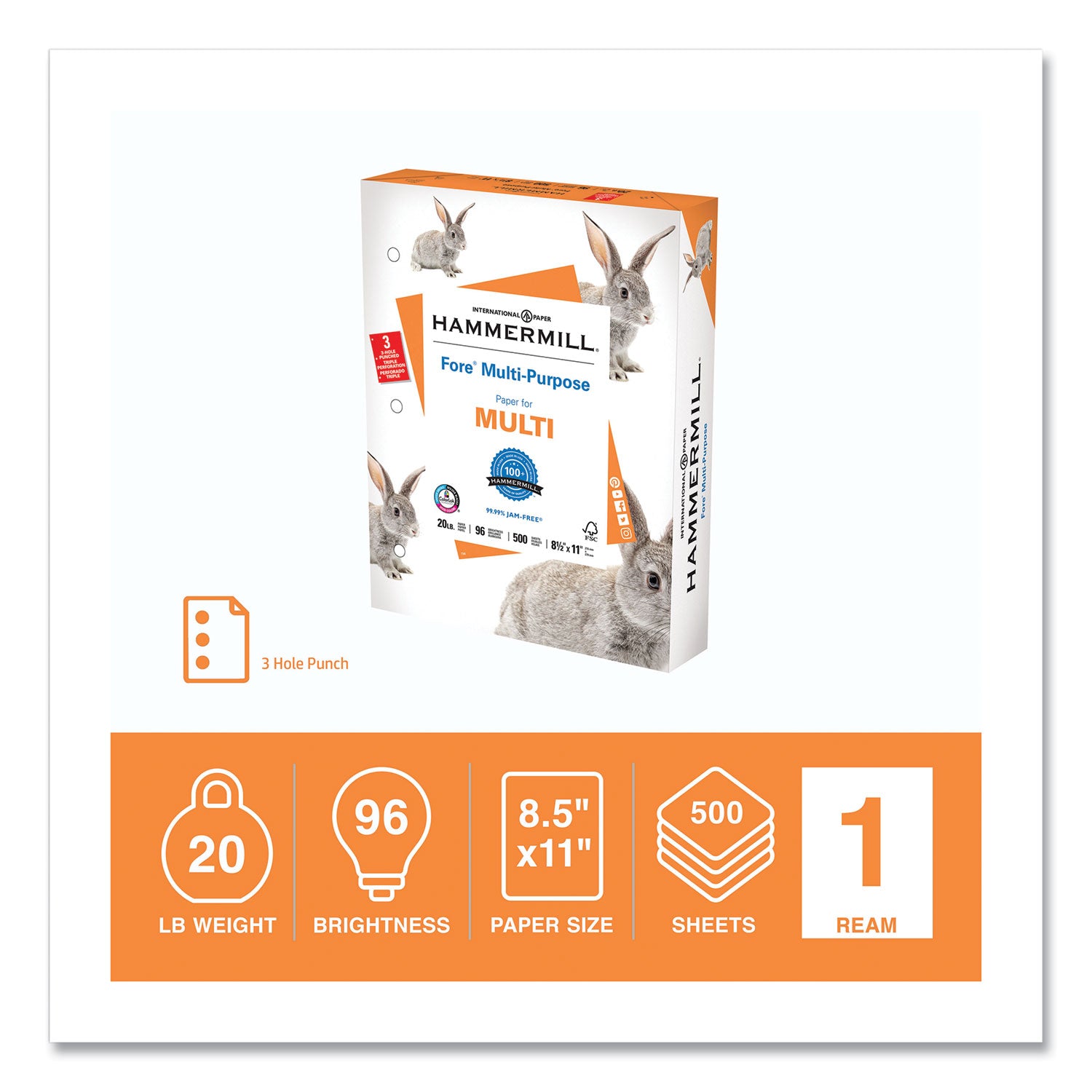 Fore Multipurpose Print Paper, 96 Bright, 3-Hole, 20 lb Bond Weight, 8.5 x 11, White, 500 Sheets/Ream -