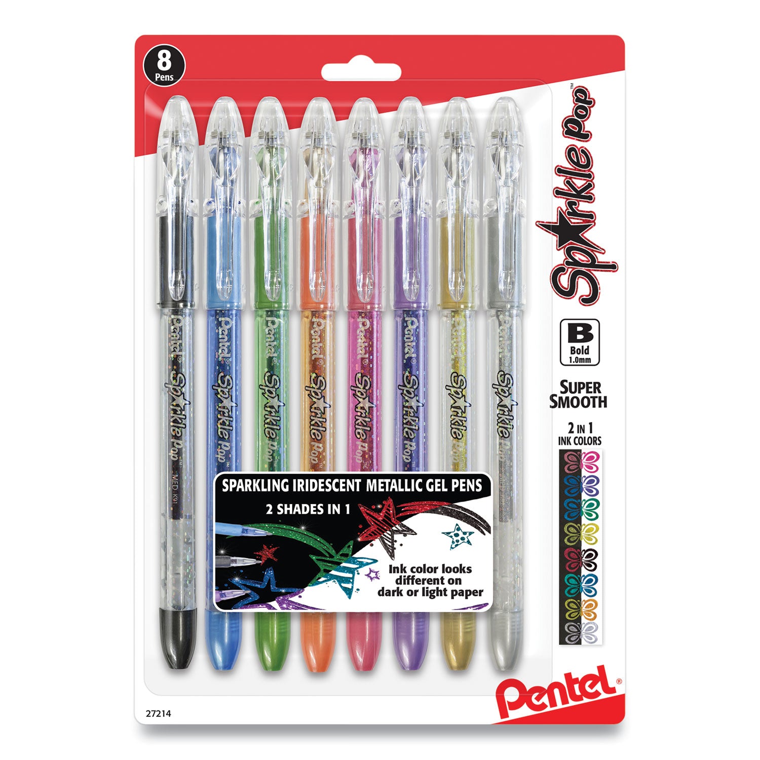 sparkle-pop-metallic-gel-pen-stick-bold-1-mm-assorted-ink-colors-clear-barrel-8-pack_penk91bps8m - 1