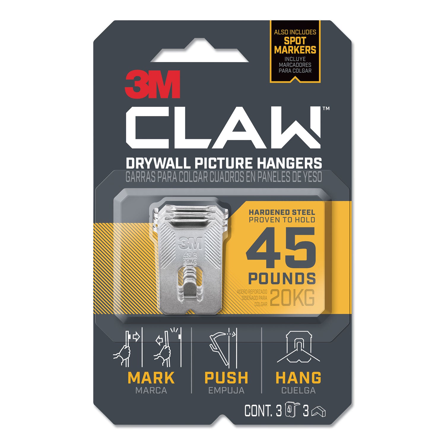 claw-drywall-picture-hanger-stainless-steel-45-lb-capacity-3-hooks-and-3-spot-markers_mmm3ph45m3es - 1