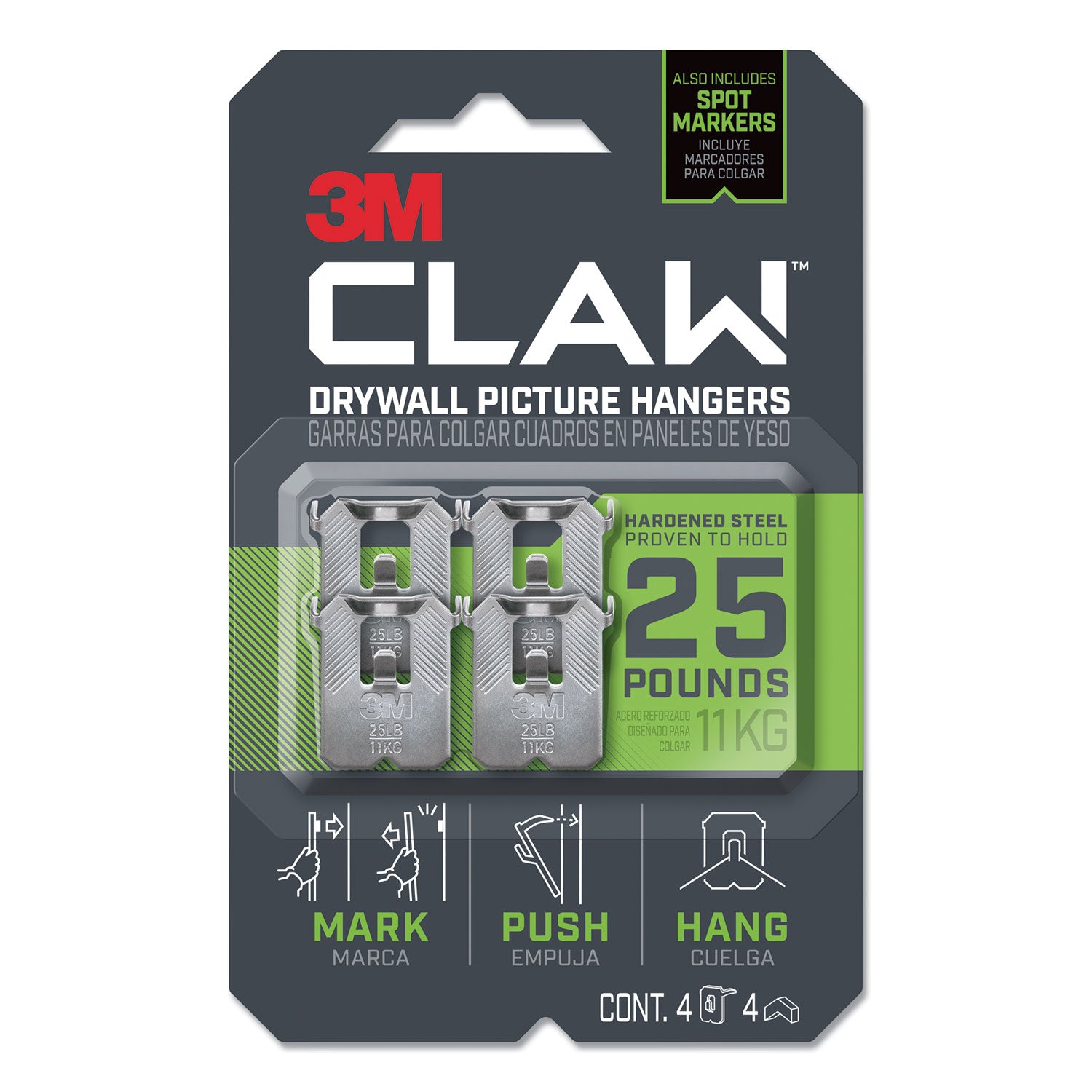 claw-drywall-picture-hanger-stainless-steel-25-lb-capacity-4-hooks-and-4-spot-markers_mmm3ph25m4es - 1