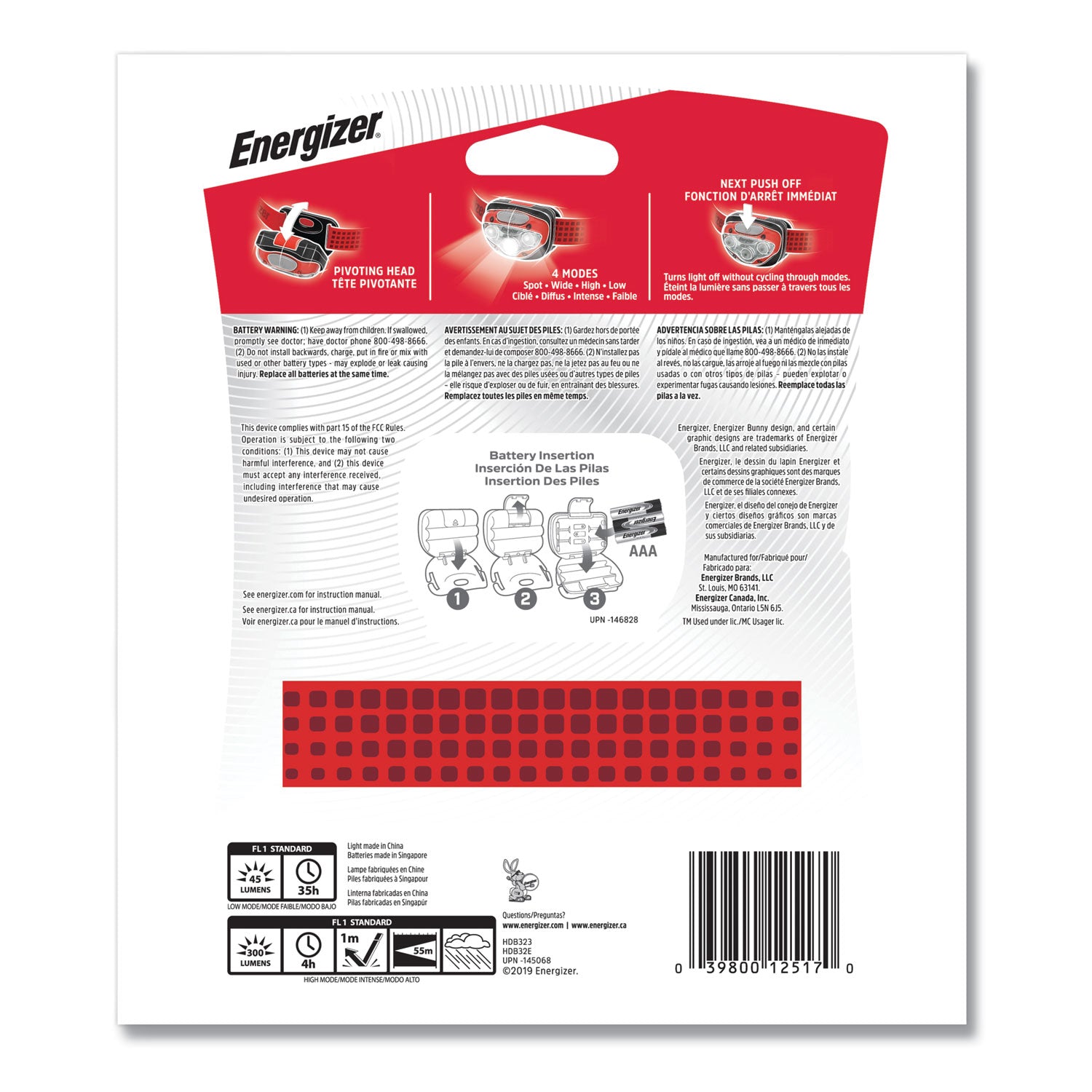 LED Headlight, 3 AAA Batteries (Included), Red -