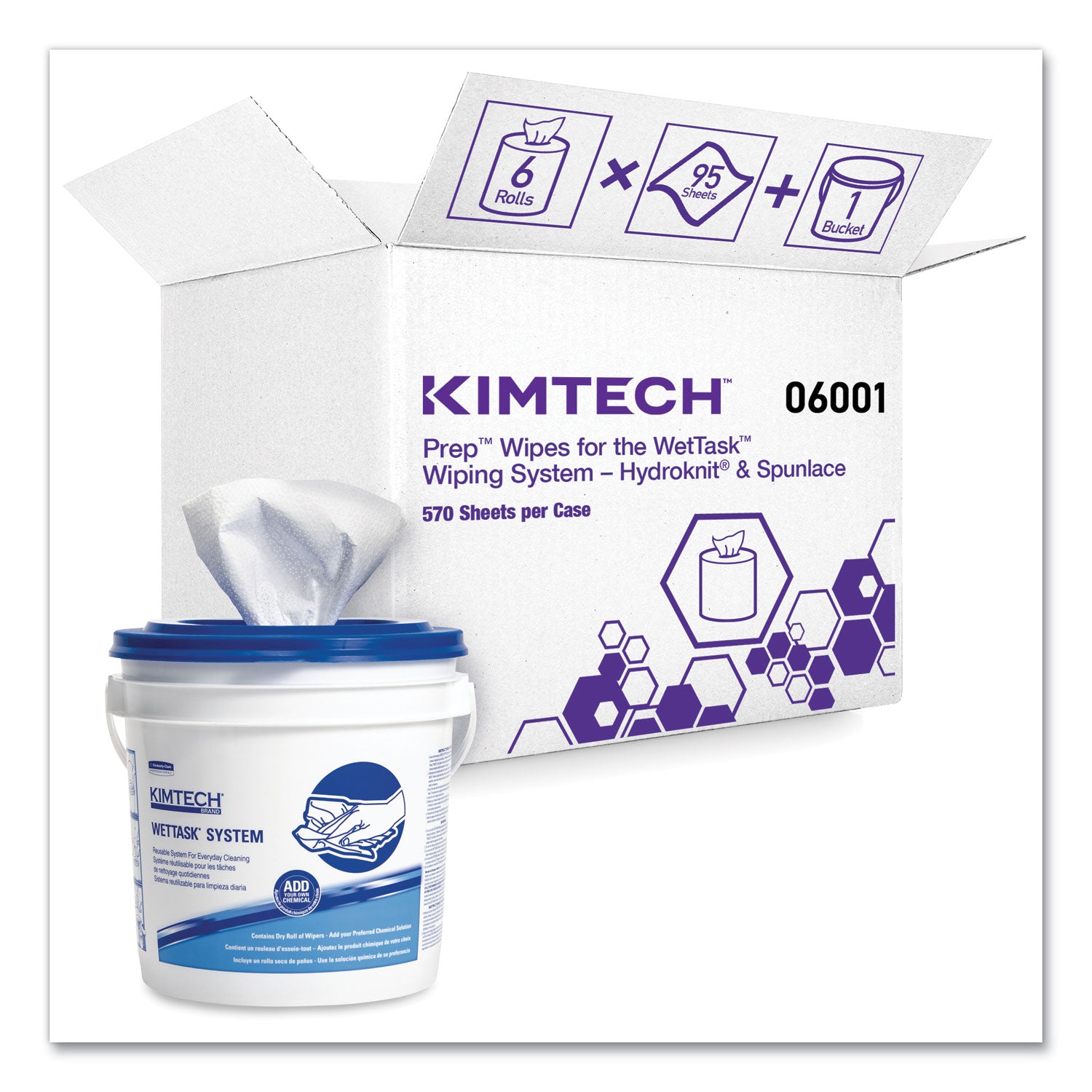 Power Clean Wipers for Solvents WetTask Customizable Wet Wiping System 12 x 6, Unscented, 95/Roll, 6 Rolls/1 Bucket/Carton - 1