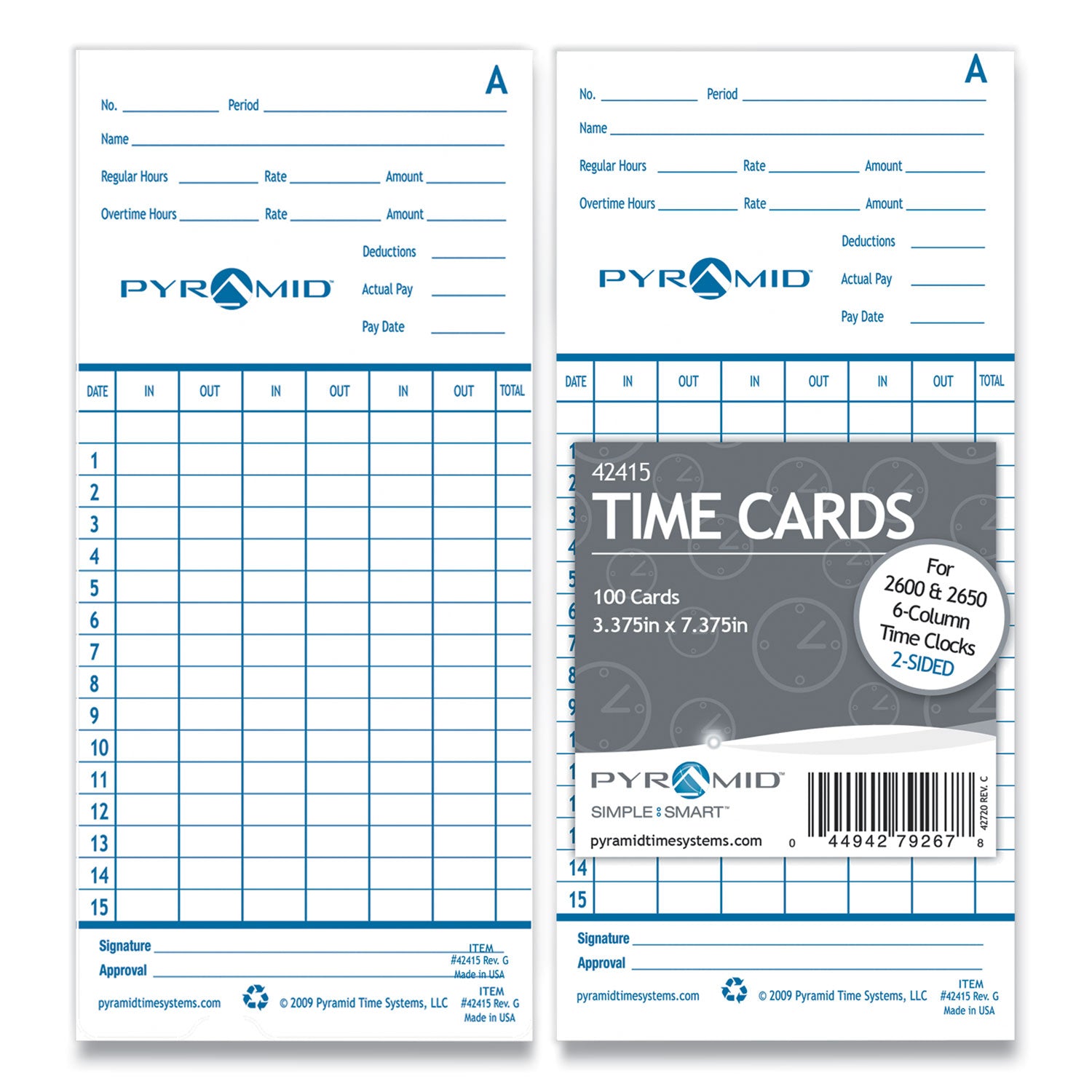 Time Clock Cards for Pyramid Technologies 2000/6000, Two Sides, 3.38 x 7.44, 100/Pack -