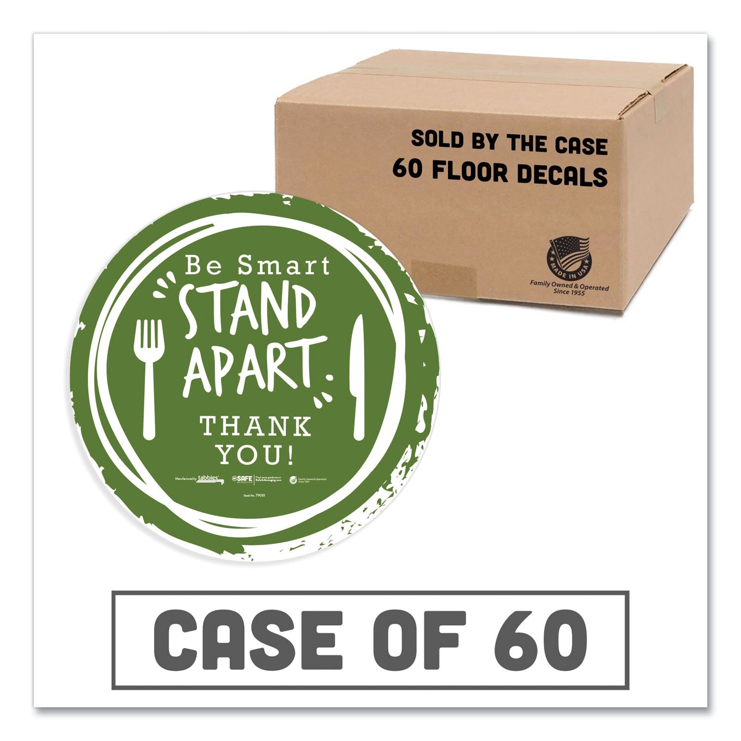 besafe-messaging-floor-decals-be-smart-stand-apart;-knife-fork;-thank-you-12-dia-green-white-60-carton_tab79161 - 1