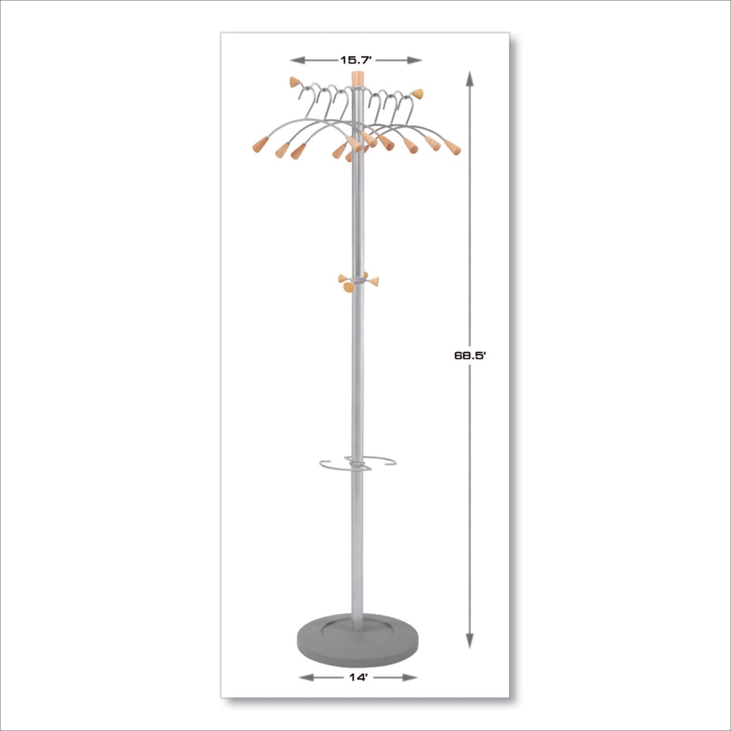 Wavy Coat Tree, Six Hangers/Two Knobs/Four Hooks, 18.88w x 14d x 68.5h, Silver/Wood -
