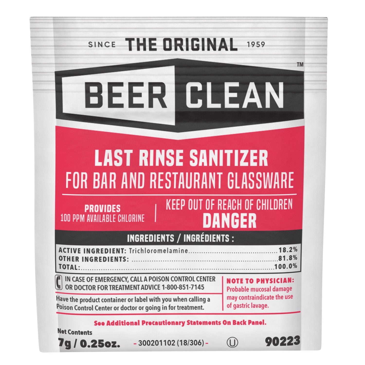 Beer Clean Last Rinse Glass Sanitizer, Powder, 0.25 oz Packet, 100/Carton -