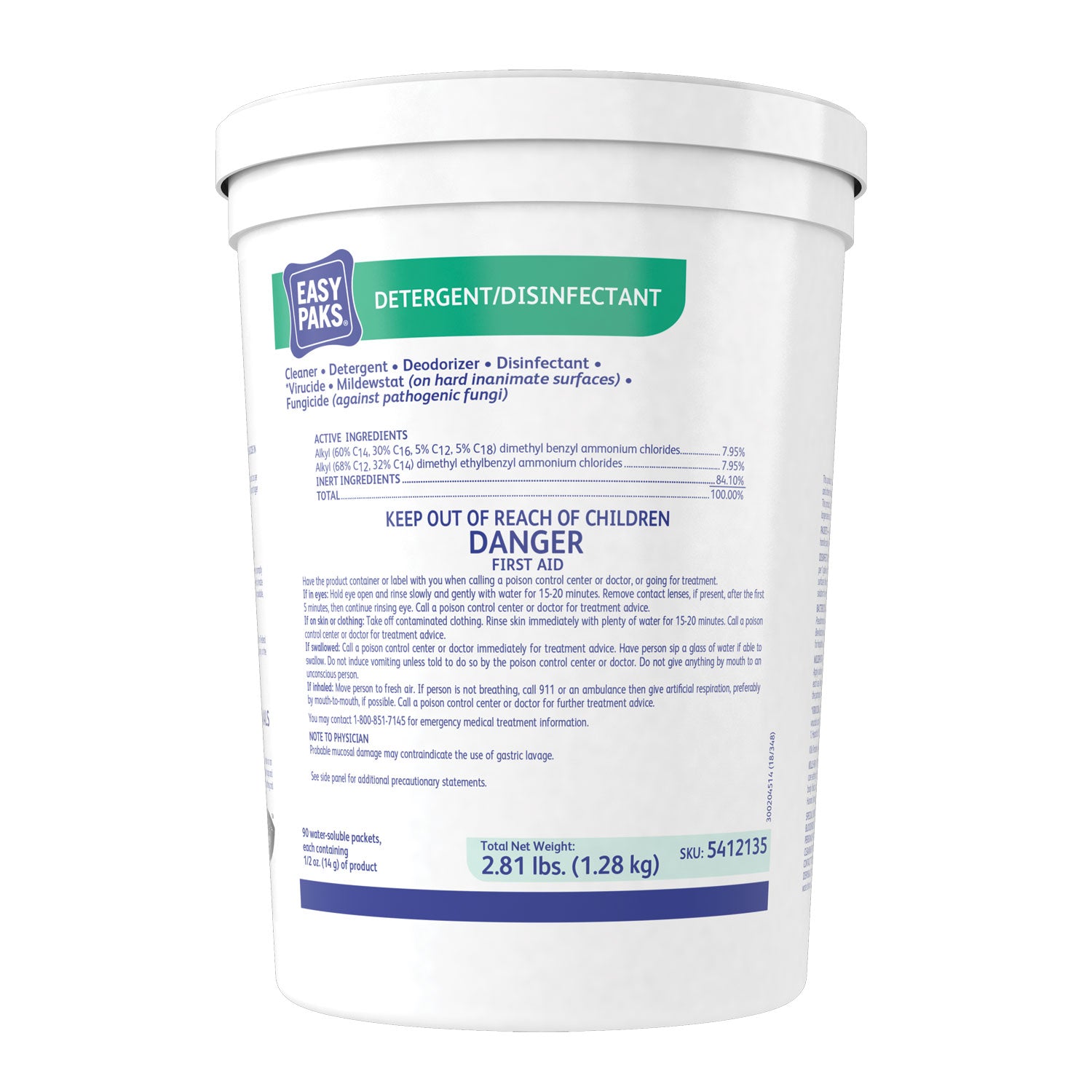 Detergent/Disinfectant, Lemon Scent, 0.5 oz Packet, 90/Tub, 2 Tubs/Carton -