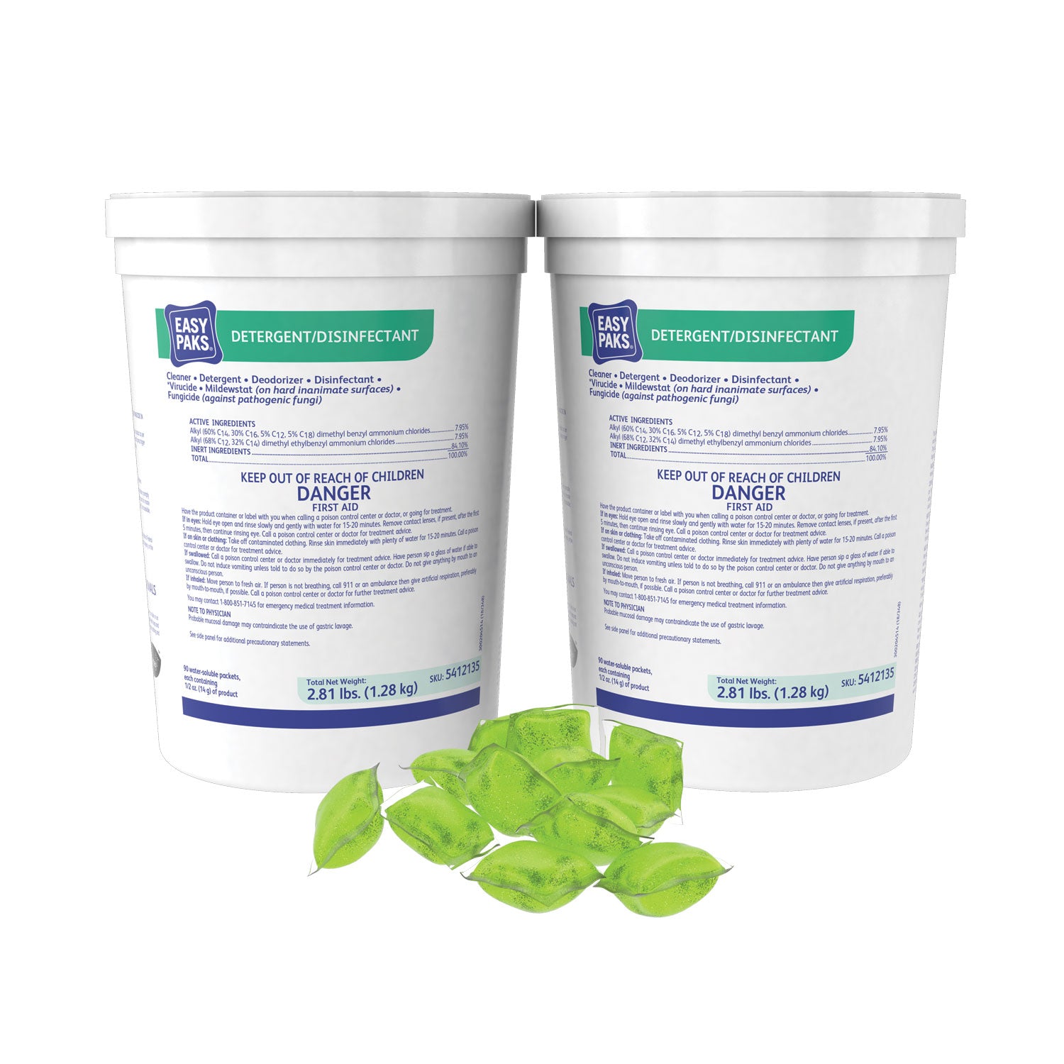 Detergent/Disinfectant, Lemon Scent, 0.5 oz Packet, 90/Tub, 2 Tubs/Carton -