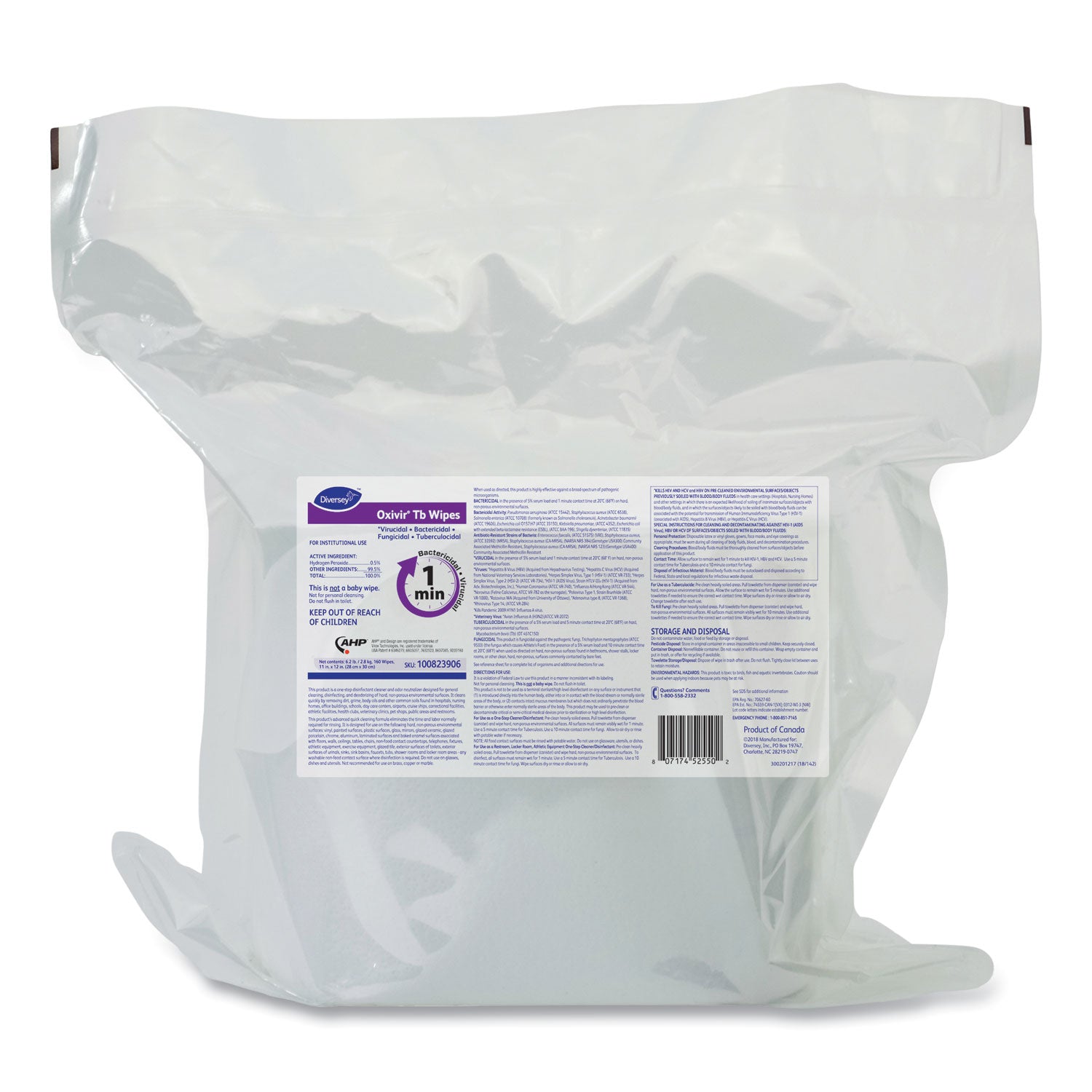 Oxivir TB Disinfectant Wipes Refill, 11 x 12, Unscented, White, 160 Wipes/Refill Pouch, 4 Refill Pouches/Carton -