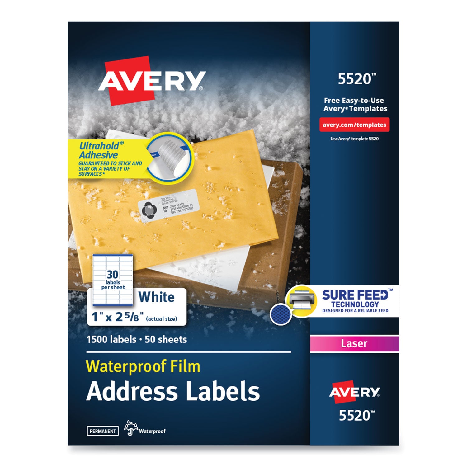 Waterproof Address Labels with TrueBlock and Sure Feed, Laser Printers, 1 x 2.63, White, 30/Sheet, 50 Sheets/Pack -