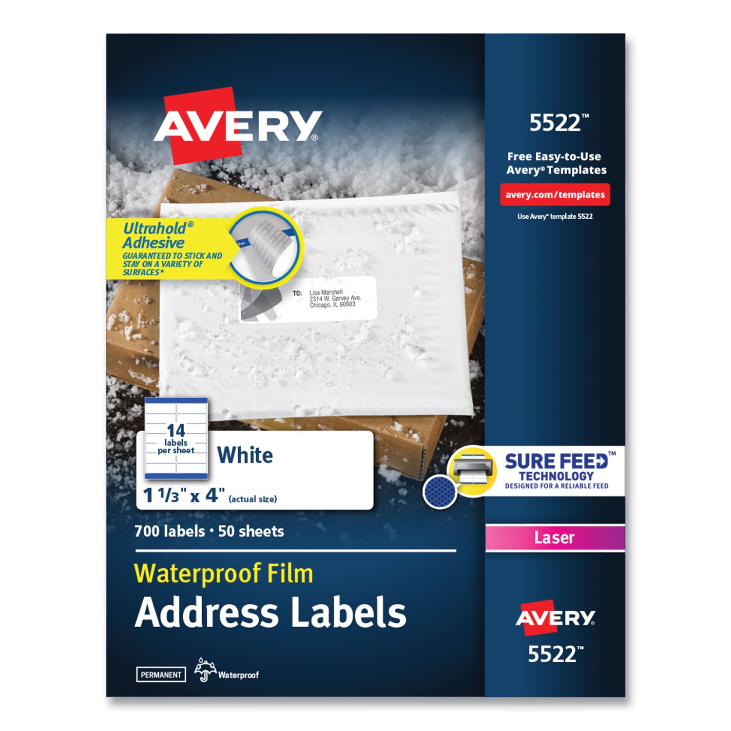 Waterproof Address Labels with TrueBlock and Sure Feed, Laser Printers, 1.33 x 4, White, 14/Sheet, 50 Sheets/Pack -
