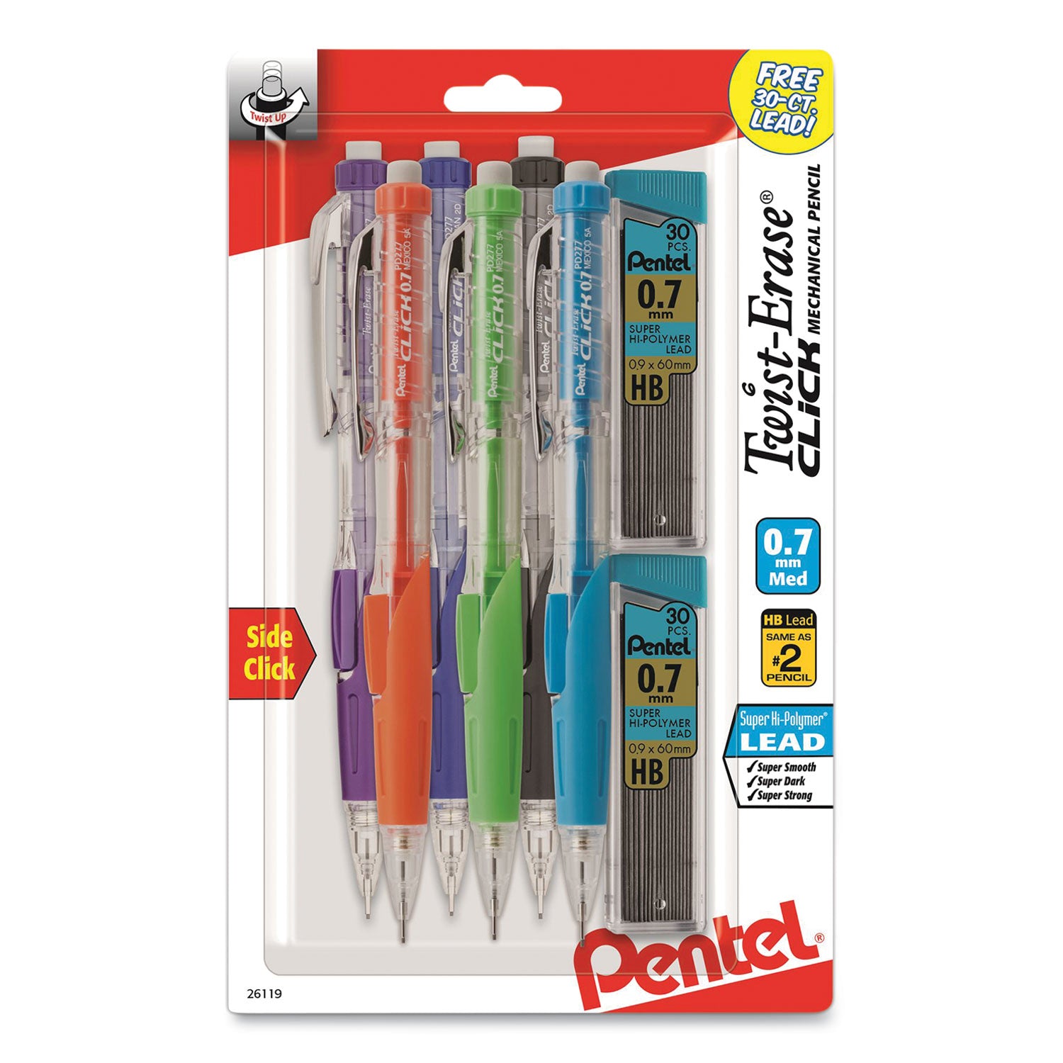 twist-erase-click-mechanical-pencil-07-mm-hb-#2-black-lead-assorted-barrel-colors-6-pack_penpd277tlbps6m - 1