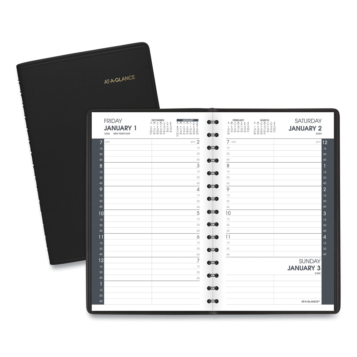 Daily Appointment Book with 15-Minute Appointments, One Day/Page: Mon to Sun, 8 x 5, Black Cover, 12-Month (Jan to Dec): 2024 - 1