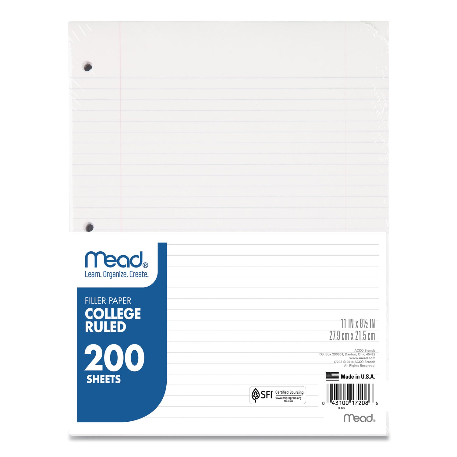 Filler Paper, 3-Hole, 8.5 x 11, College Rule, 200/Pack -