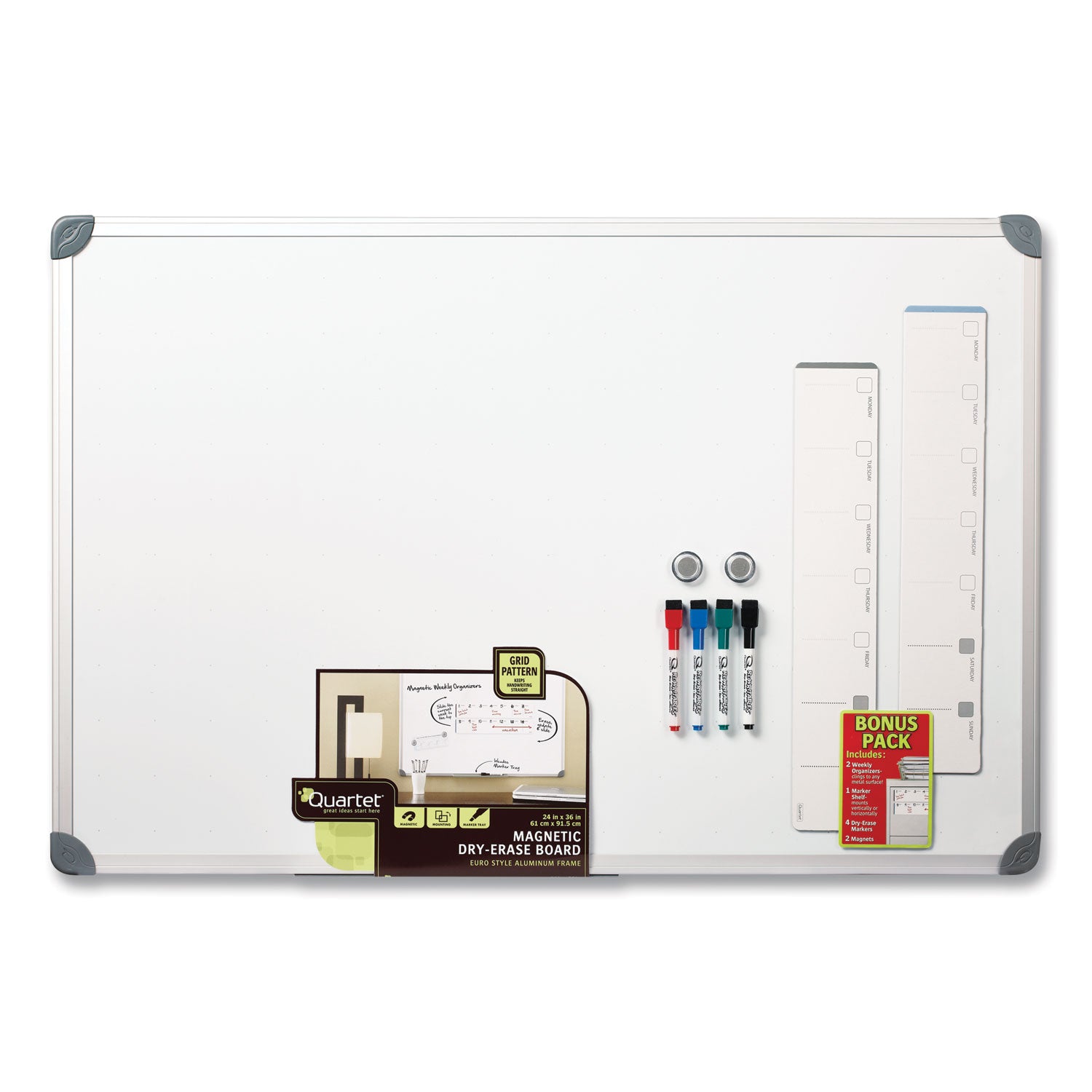 Euro-Style Magnetic Dry-Erase Aluminum Frame Boards, 36 x 24, White Surface, Silver Aluminum Frame -
