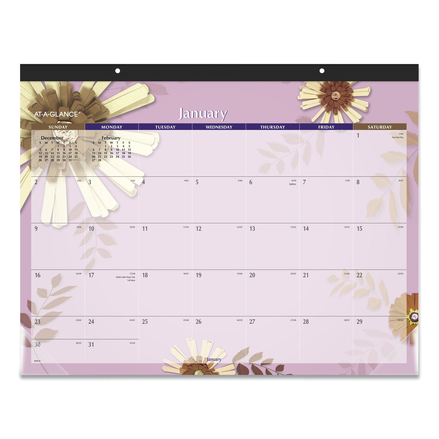 Paper Flowers Desk Pad, Floral Artwork, 22 x 17, Black Binding, Clear Corners, 12-Month (Jan to Dec): 2024 - 1